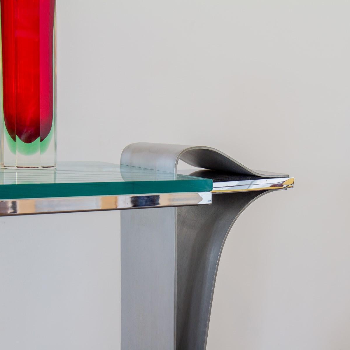 American Jay Spectre Steel Console Table with Glass Top, 1980s
