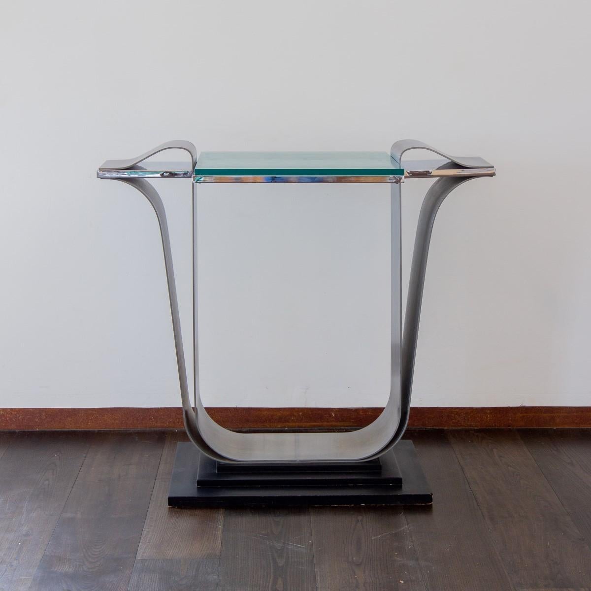 Jay Spectre Steel Console Table with Glass Top, 1980s In Good Condition In Donhead St Mary, Wiltshire