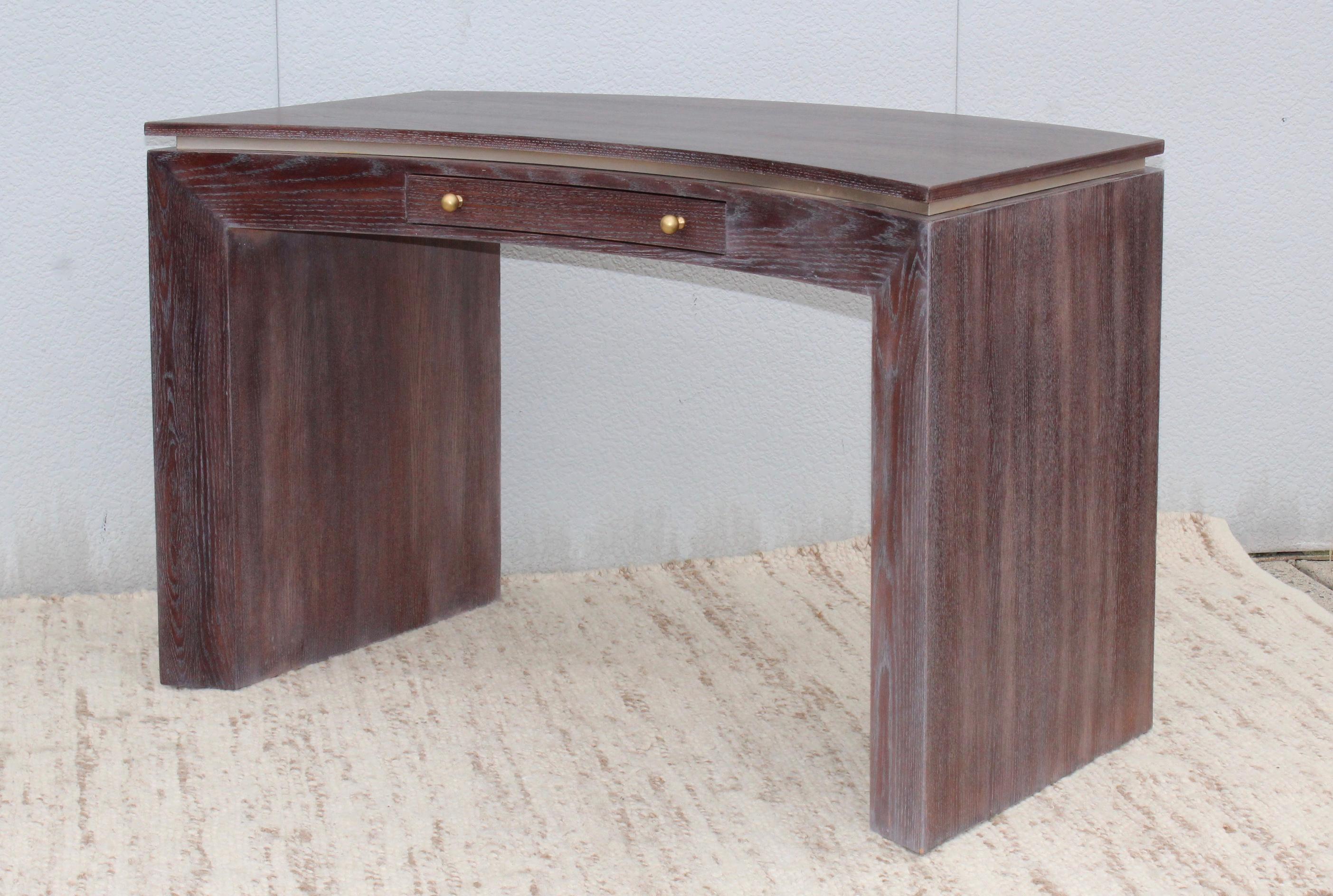 1980s cerused oak custom-made single drawer desk. With nickel detail and brass handles.