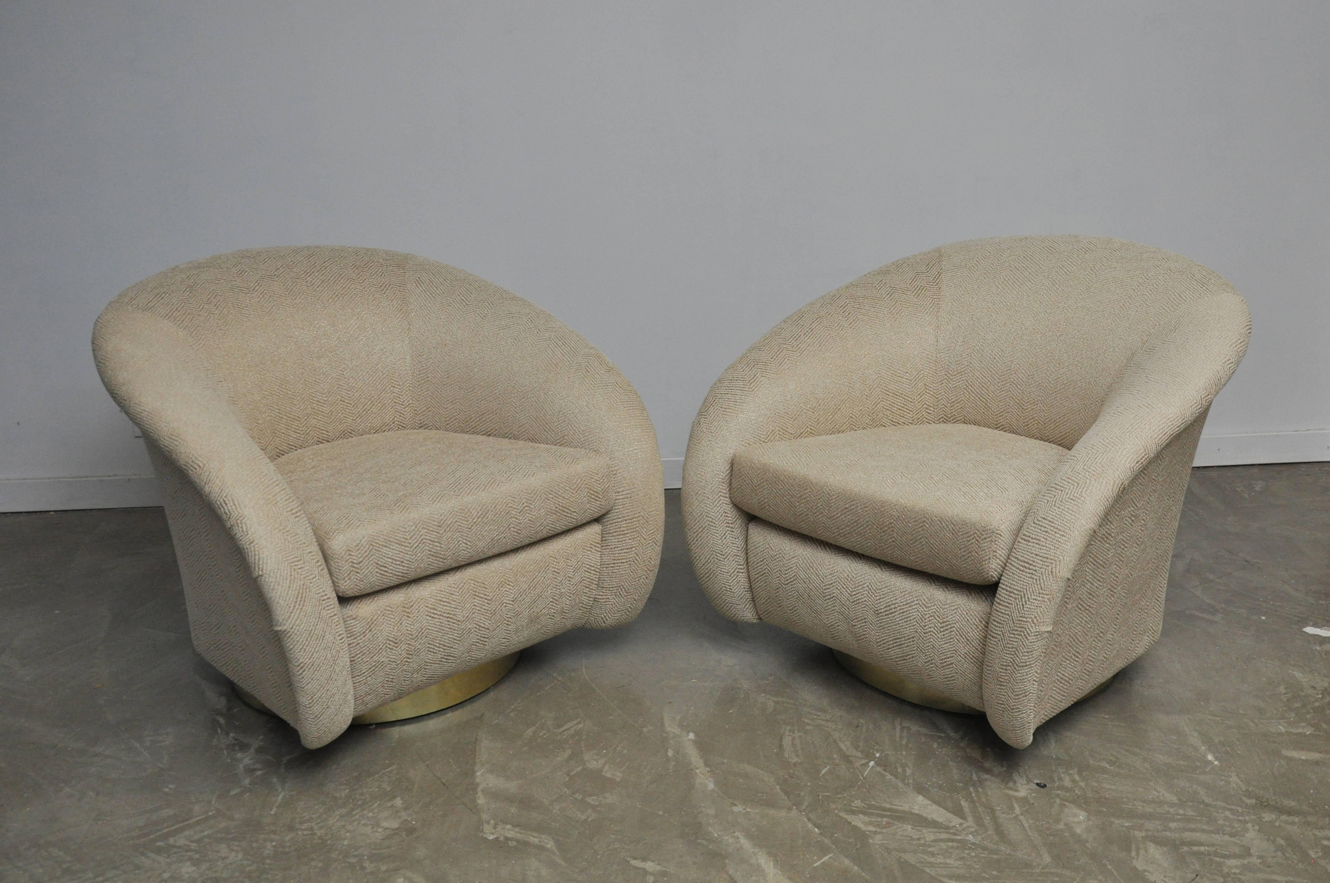 Swivel chairs with brass bases by Milo Baughman for Directional Furniture.  Fully restored and reupholstered.