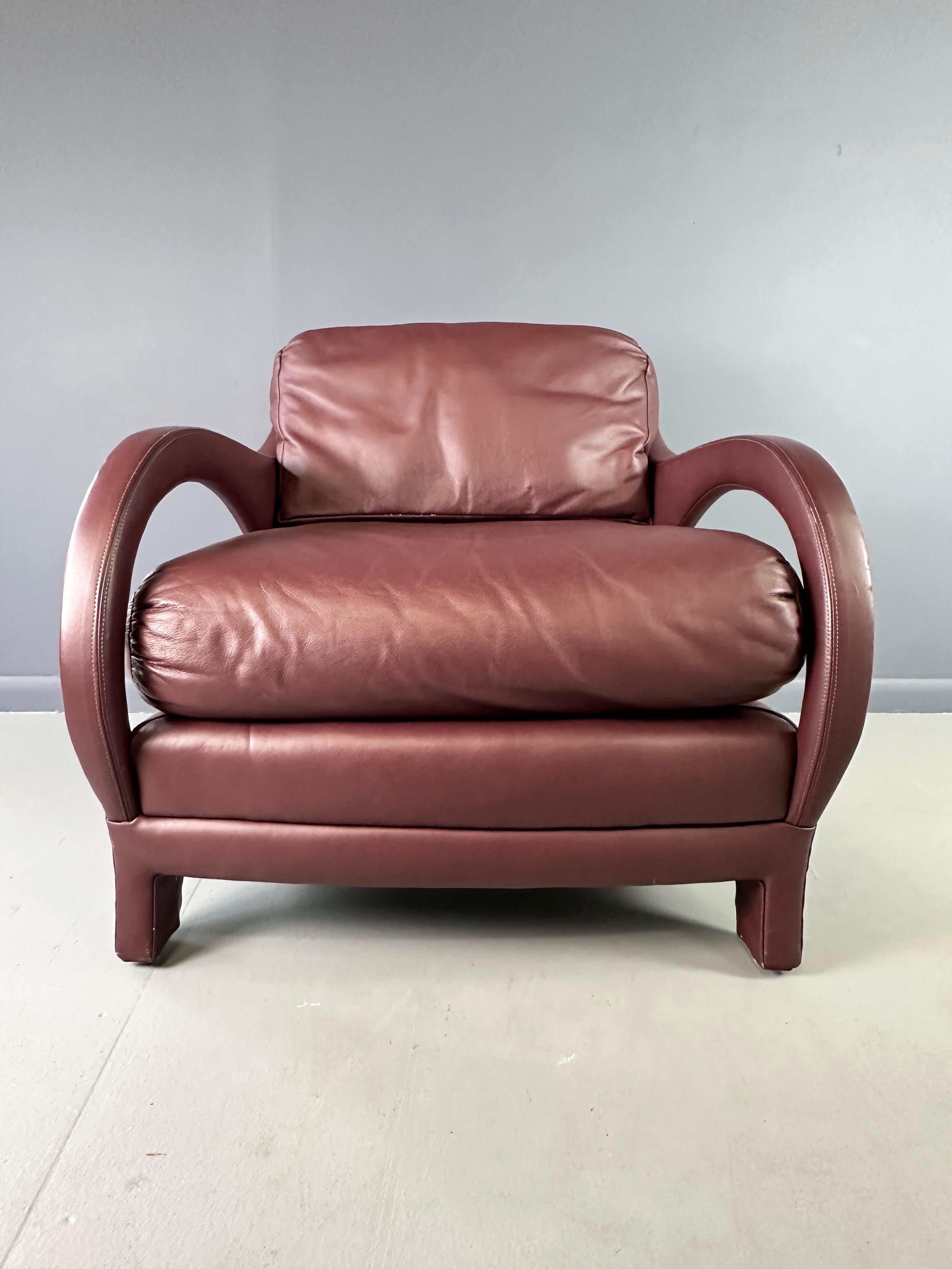 Post-Modern Jay Spectre Tycoon Leather Lounge Chair in Burgundy For Century For Sale