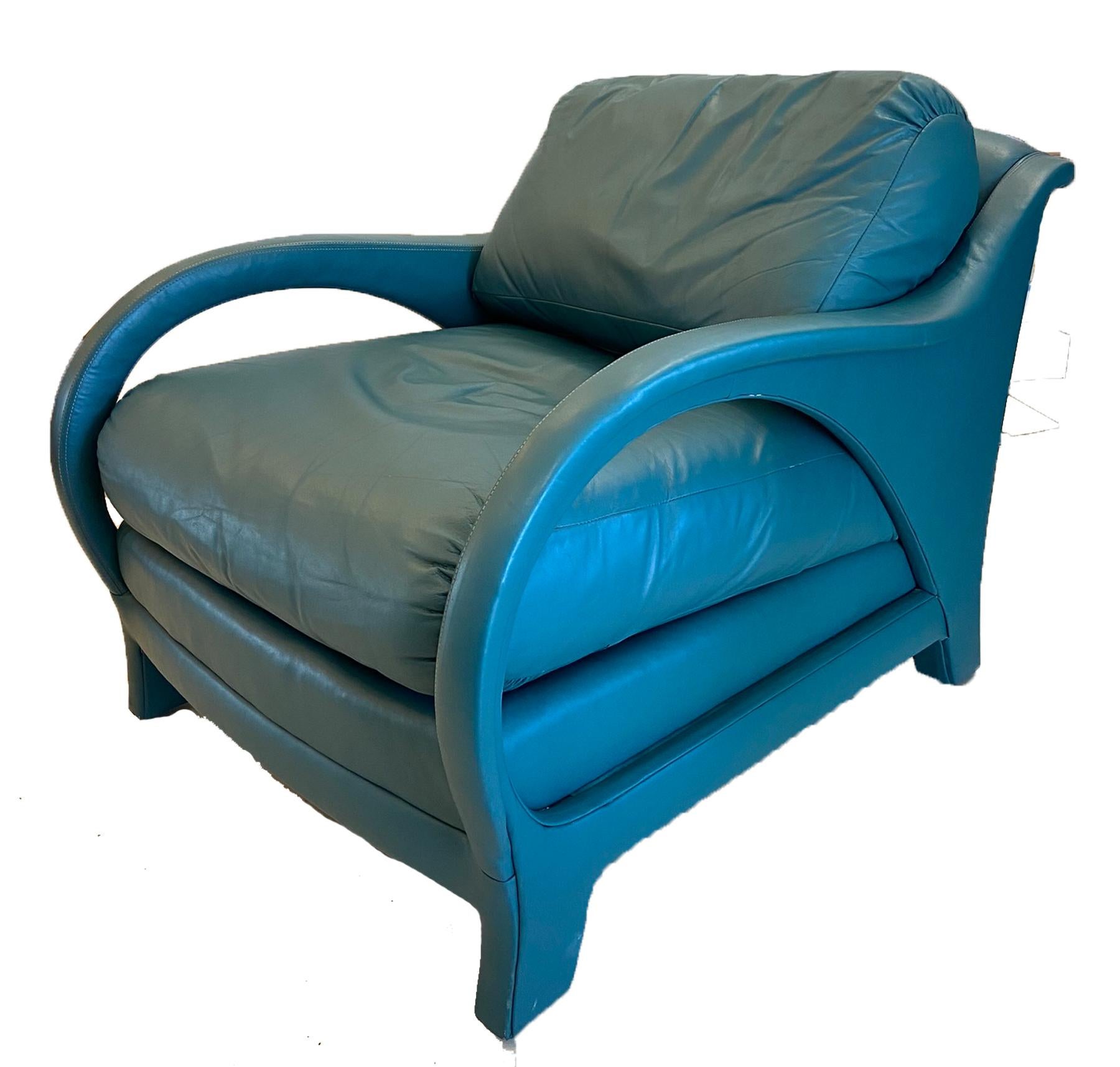 Pair of Jay Spectre tycoon lounge chairs in dyed leather. Designed by Jay Spectre for Century furniture co. Overall in very good condition with no tears or stains to leather.