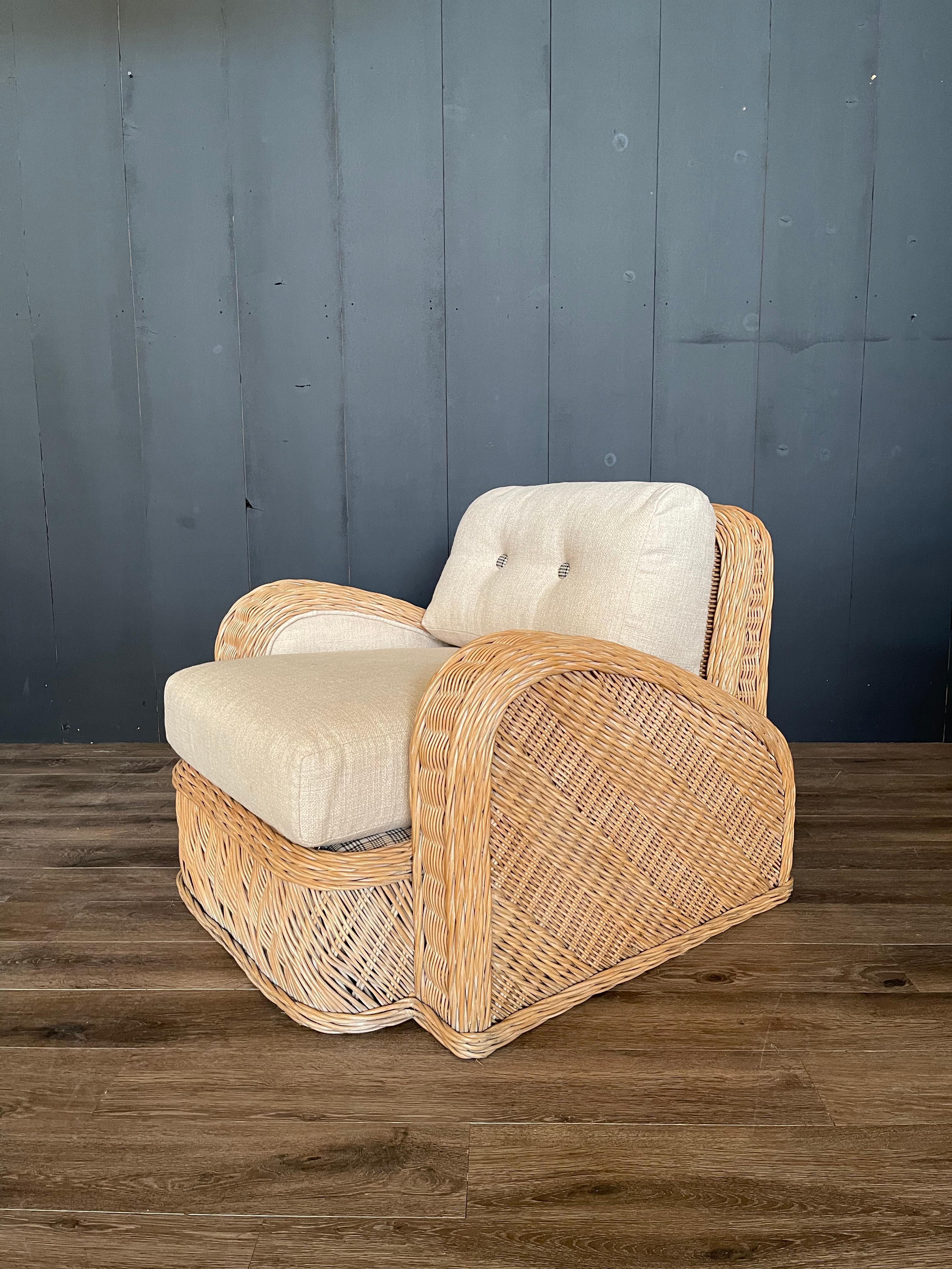 Post-Modern Jay Spectre Wicker Postmodern Chair, New Upholstery, Performance Fabric For Sale