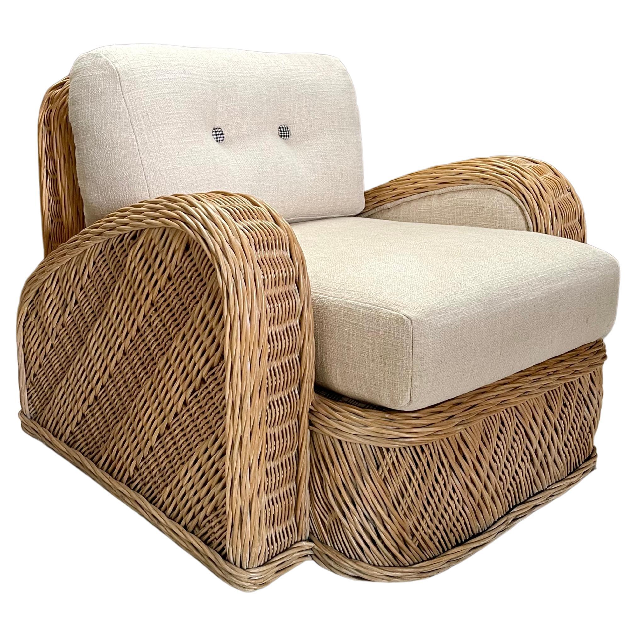 Jay Spectre Wicker Postmodern Chair, New Upholstery, Performance Fabric For Sale