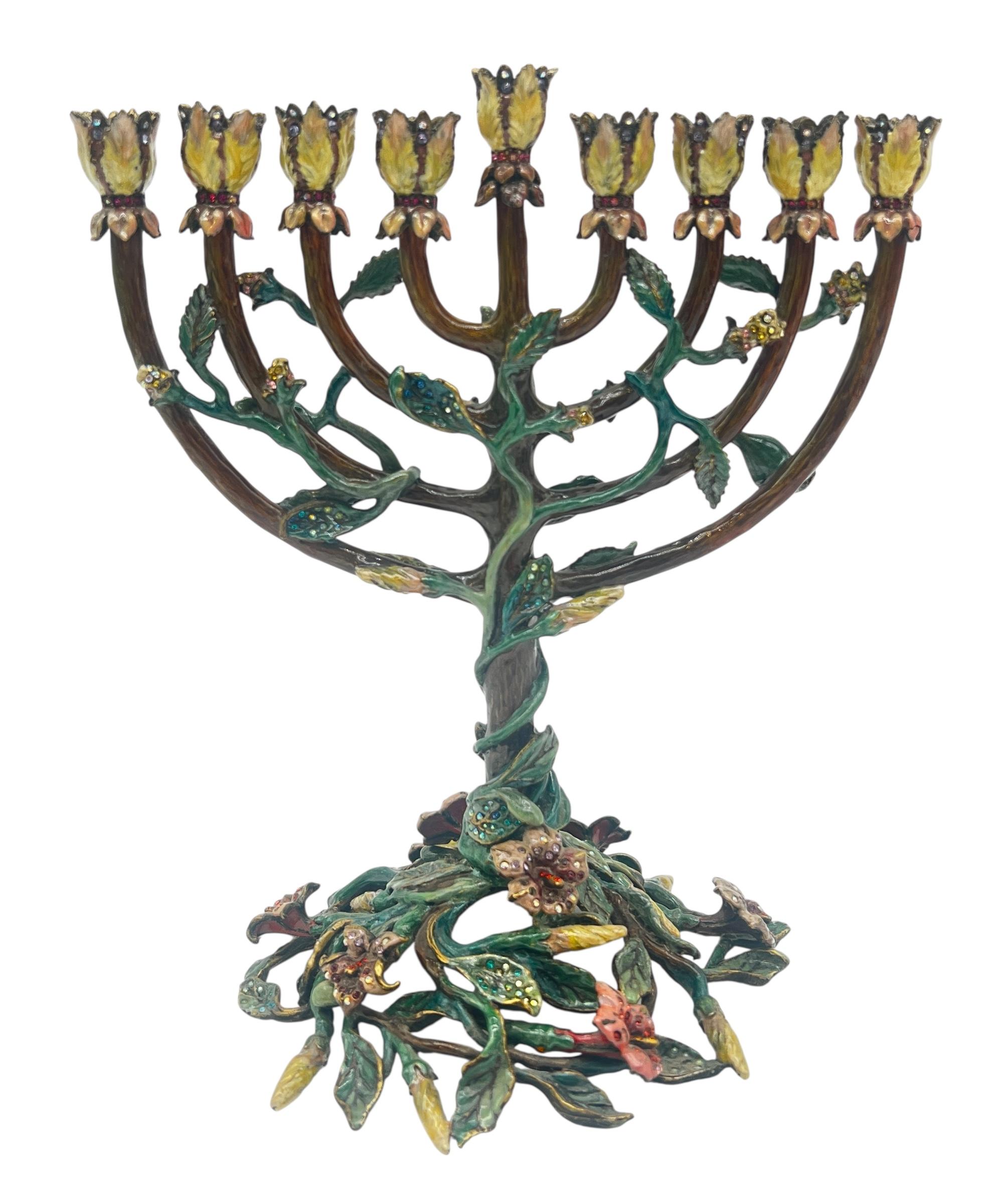 XX secolo Jay Strongwater Menorah di Hanukkah smaltata e ingioiellata con Magnolia in vendita