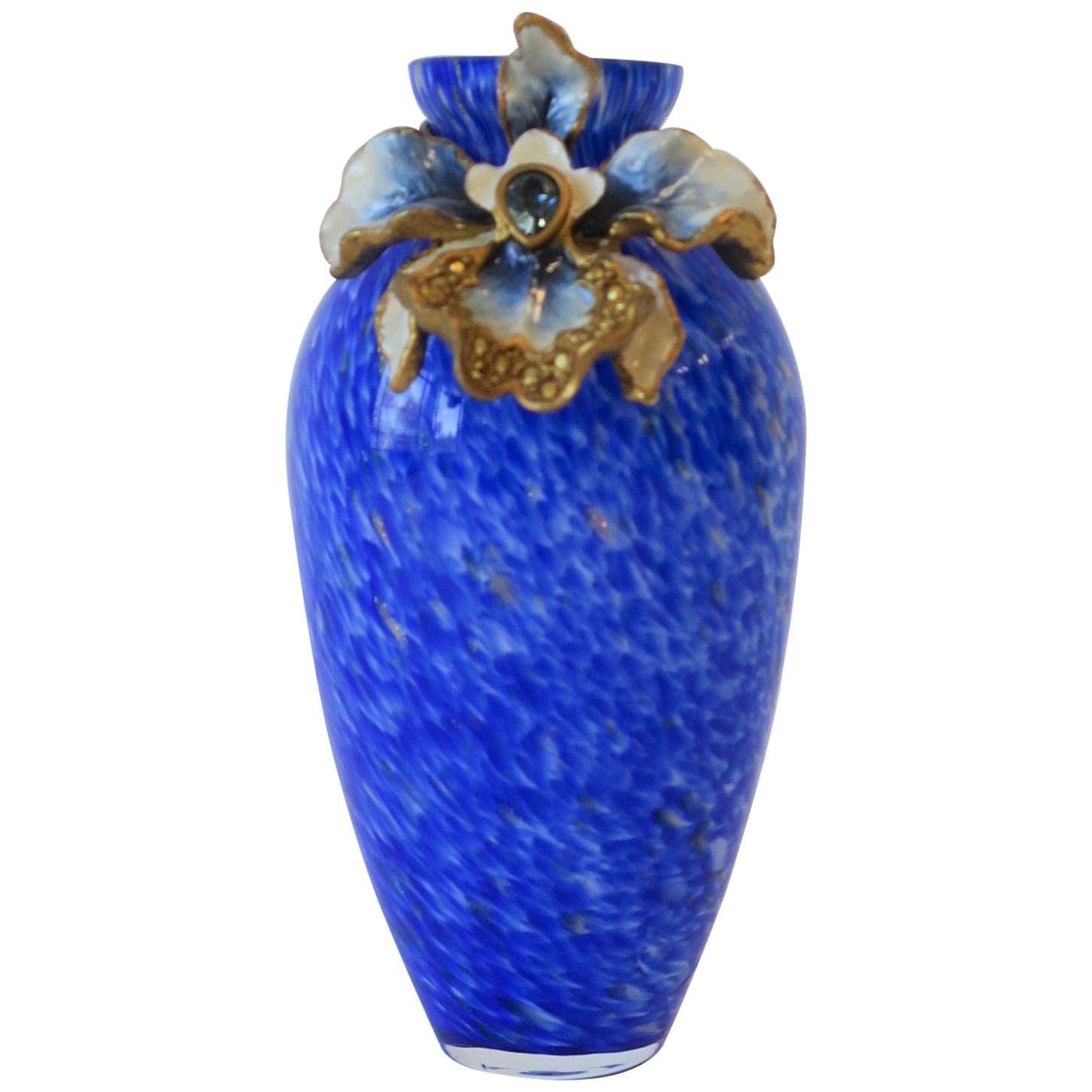 Jay Strongwater Blue White and Gold Art Glass Vase