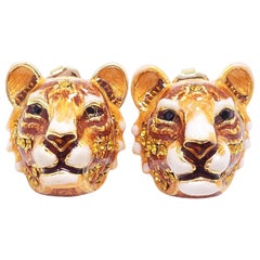Jay Strongwater "Call of the Wild" Enamel Tiger Head Post Earrings in Gold