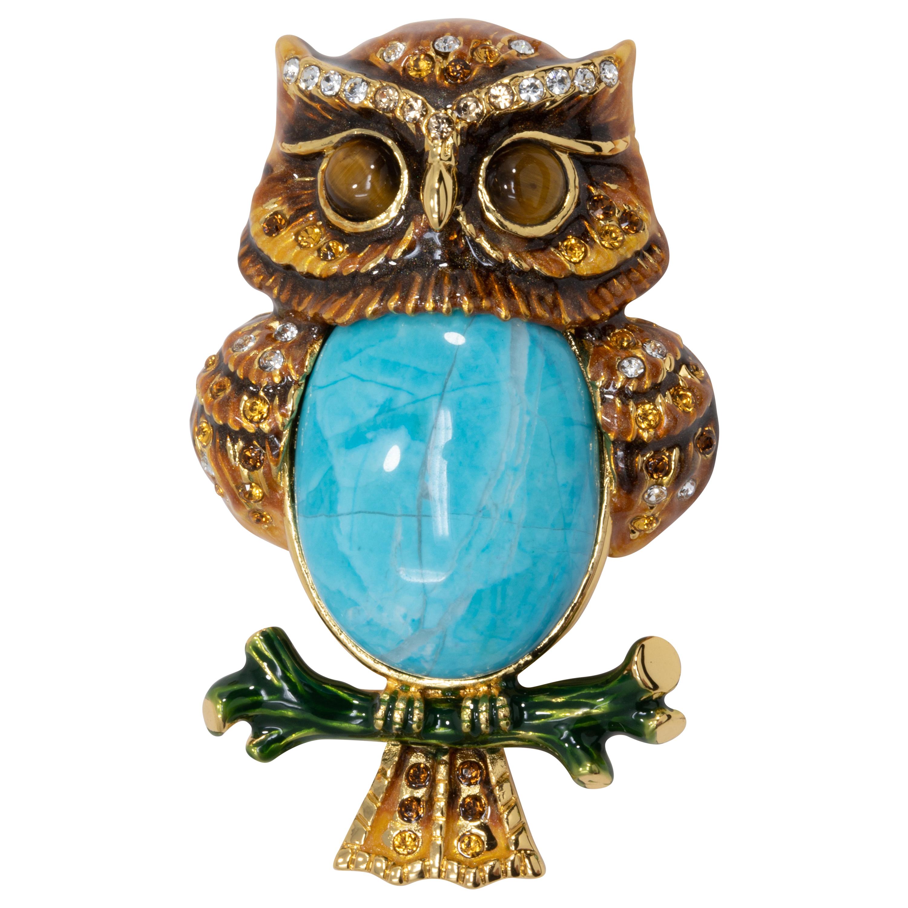 Jay Strongwater "Delightful" Turquoise Owl Pin Brooch in Gold, Amber Crystals For Sale