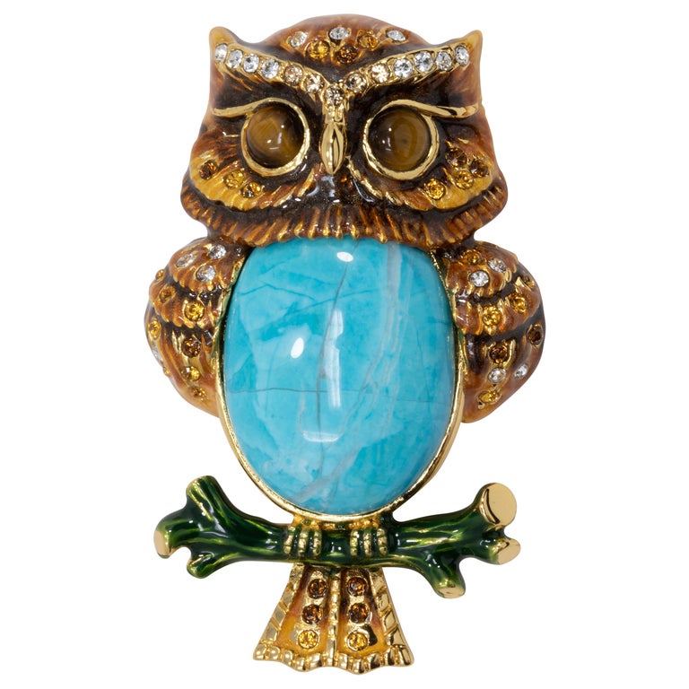 Jay Strongwater Delightful Turquoise Owl Pin Brooch In Gold Amber