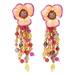 Jay Strongwater Enchanted Garden Drop Crystal Strand Enamel Flower Clip Earrings
