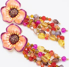 Jay Strongwater Enchanted Garden Drop Crystal Strand Enamel Flower Post Earrings