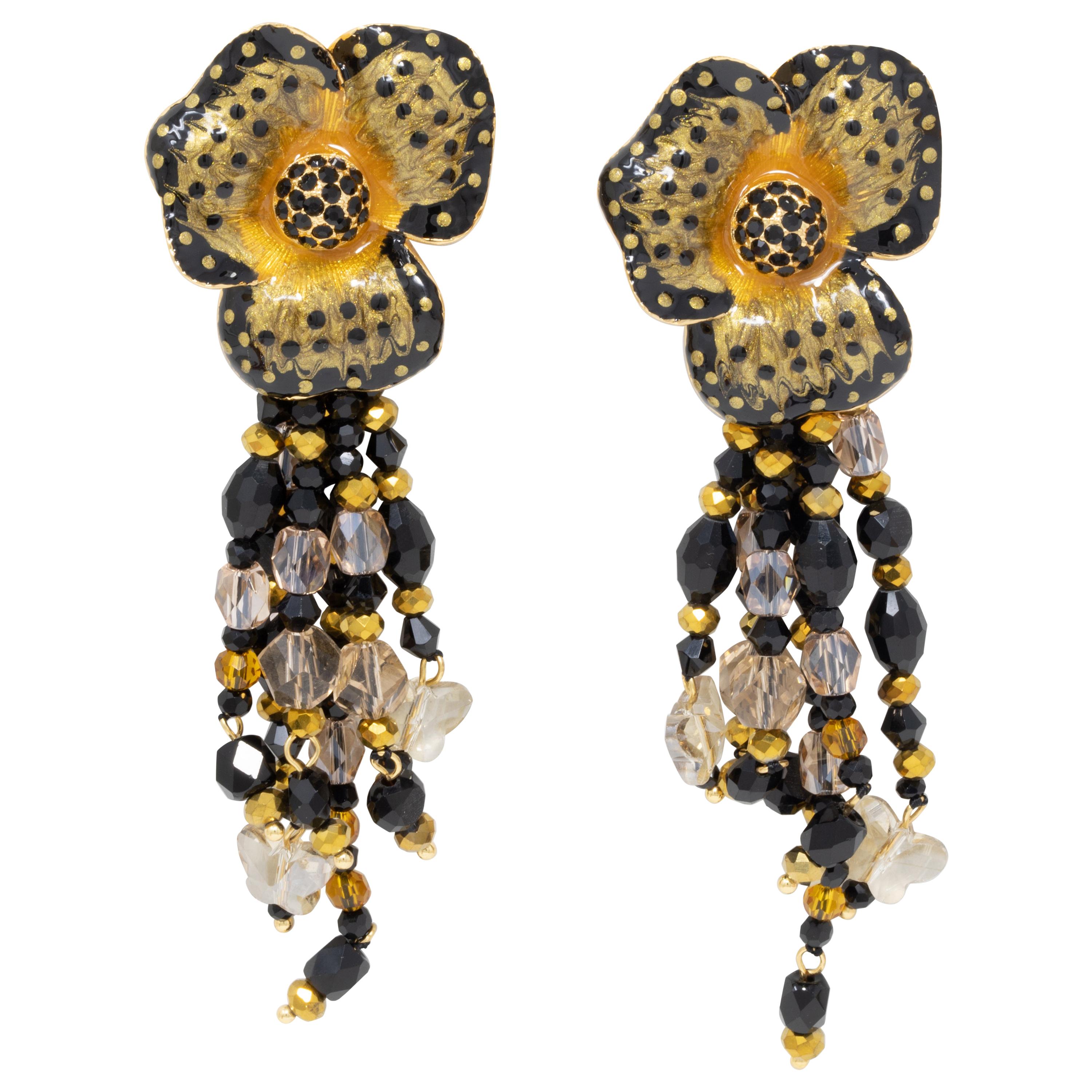 Jay Strongwater Enchanted Garden Drop Crystal Strand Enamel Flower Post Earrings For Sale