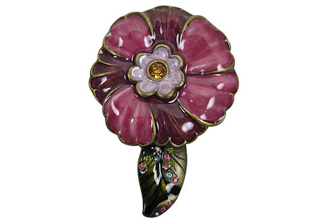 American Jay Strongwater Floral Enameled & Swarovski Crystal Purse Mirror & Keeper Pouch