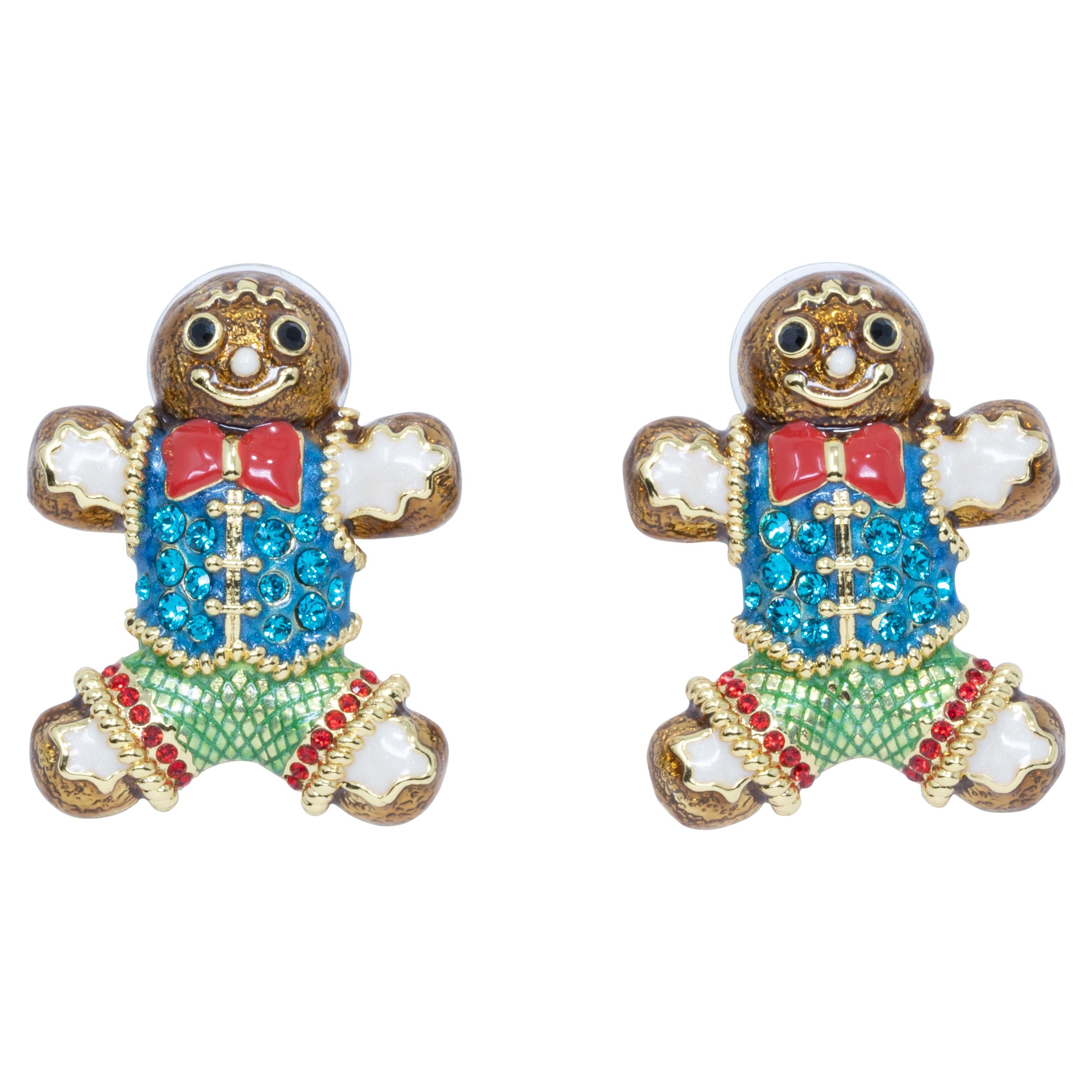 Jay Strongwater Gingerbread Man Enamel and Crystal Post Earrings in Gold