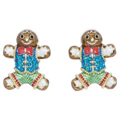 Jay Strongwater Gingerbread Man Enamel and Crystal Post Earrings in Gold