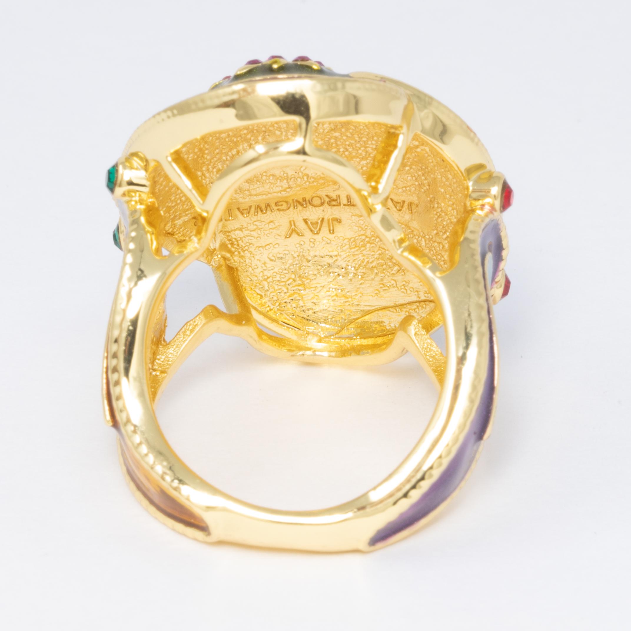 Contemporary Jay Strongwater Gold Double Paisley Raised Cocktail Ring, Enamel, Crystals