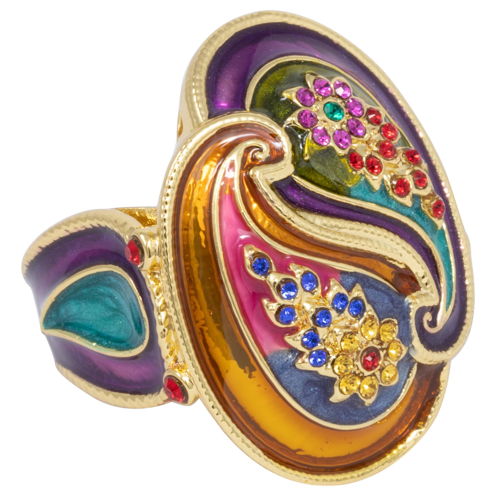 Jay Strongwater Gold Double Paisley Raised Cocktail Ring, Enamel, Crystals