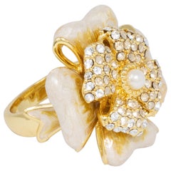 Jay Strongwater Gold Embellished White Clover Cocktail Ring, Enamel, Crystals