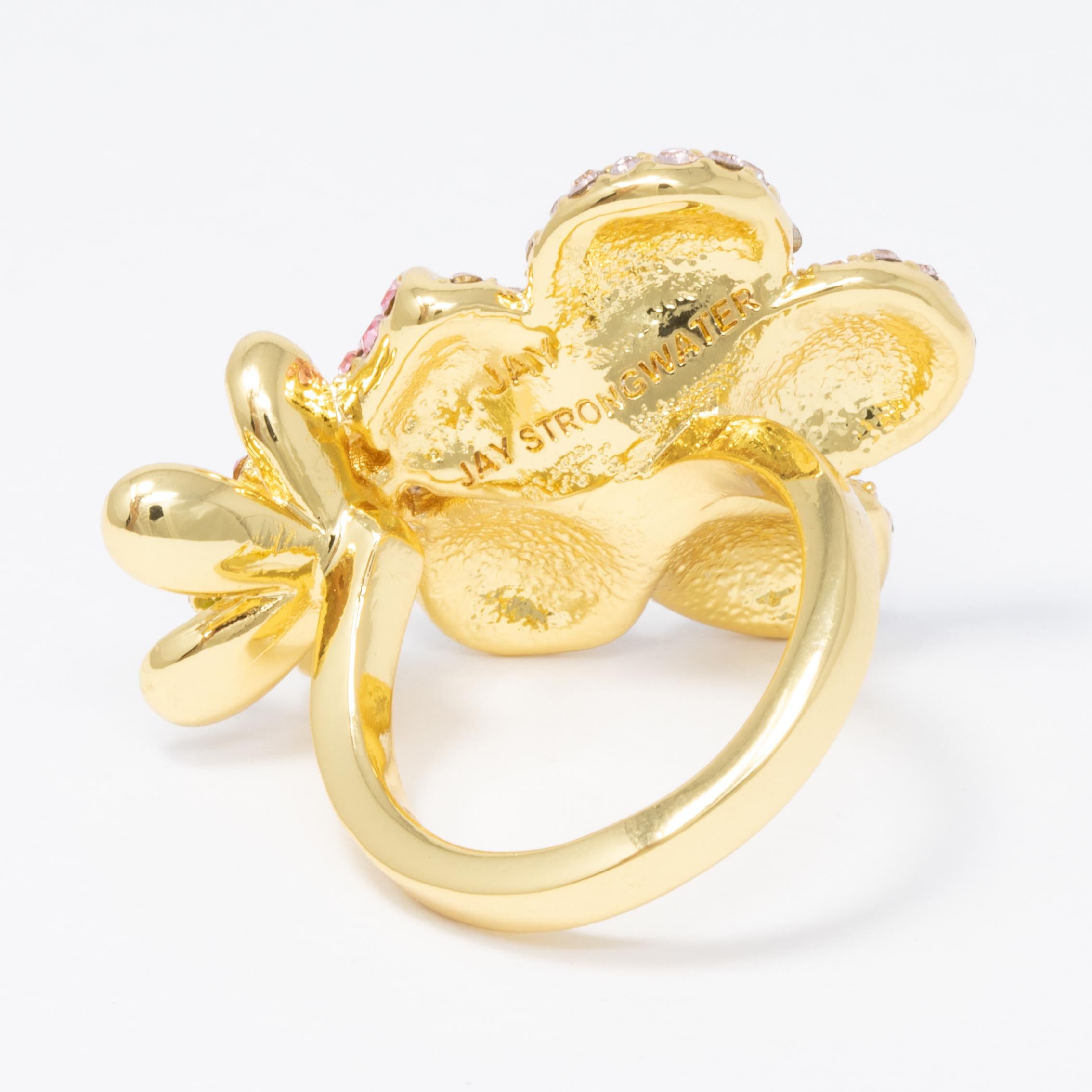 Contemporary Jay Strongwater Gold “Spring Blossom”  Enamel and Crystal Green Flower Ring