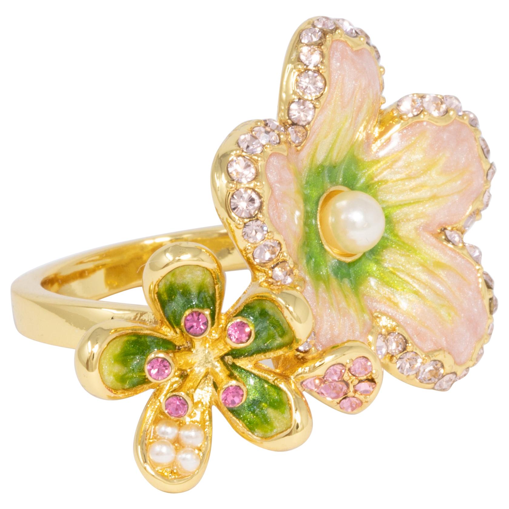 Jay Strongwater Gold “Spring Blossom”  Enamel and Crystal Green Flower Ring