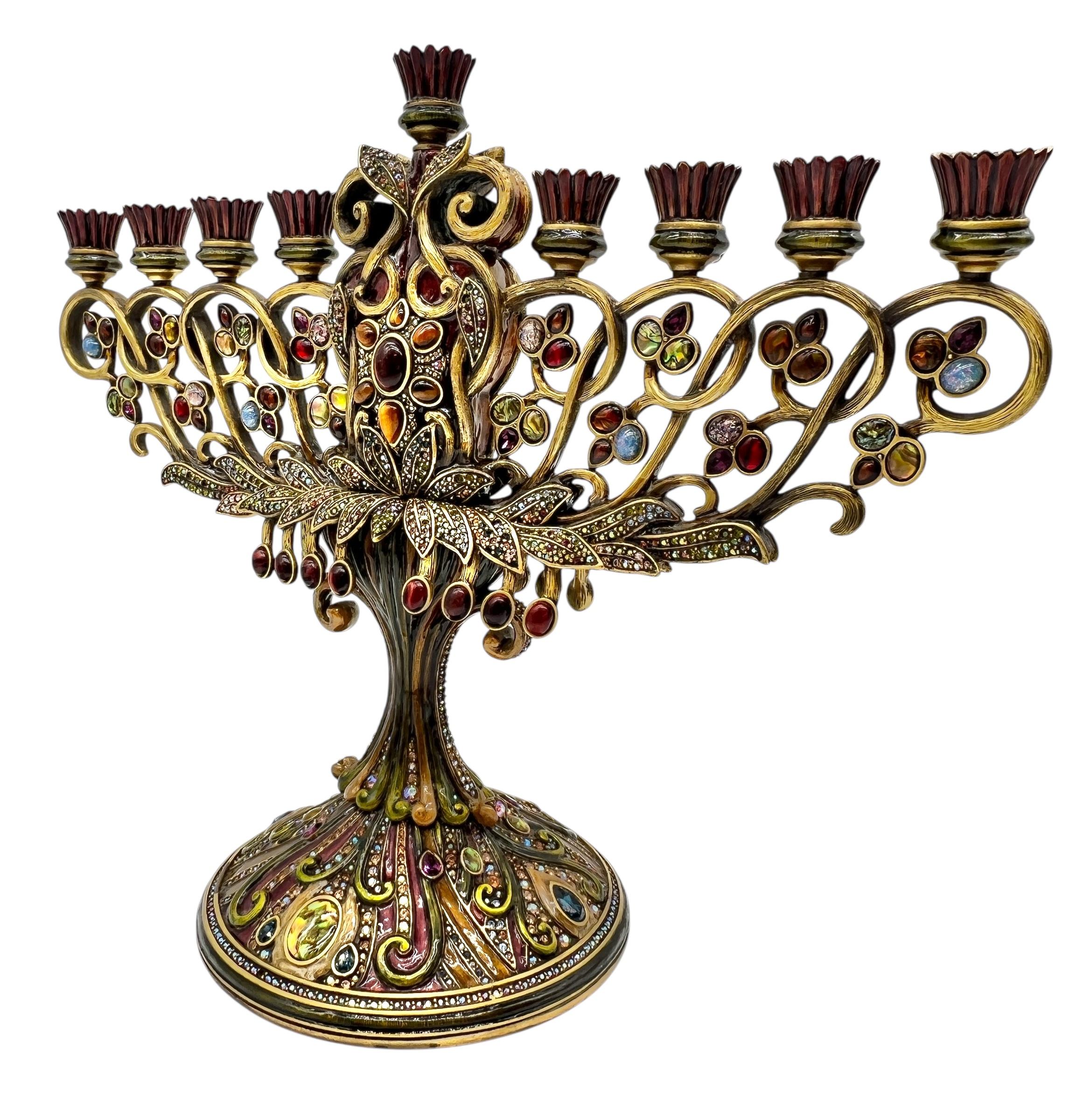 Jay Strongwater Large Bejeweled Enameled Hanukkah Menorah.  Overall great condition with normal wear. One stone missing.  Please see photos. 