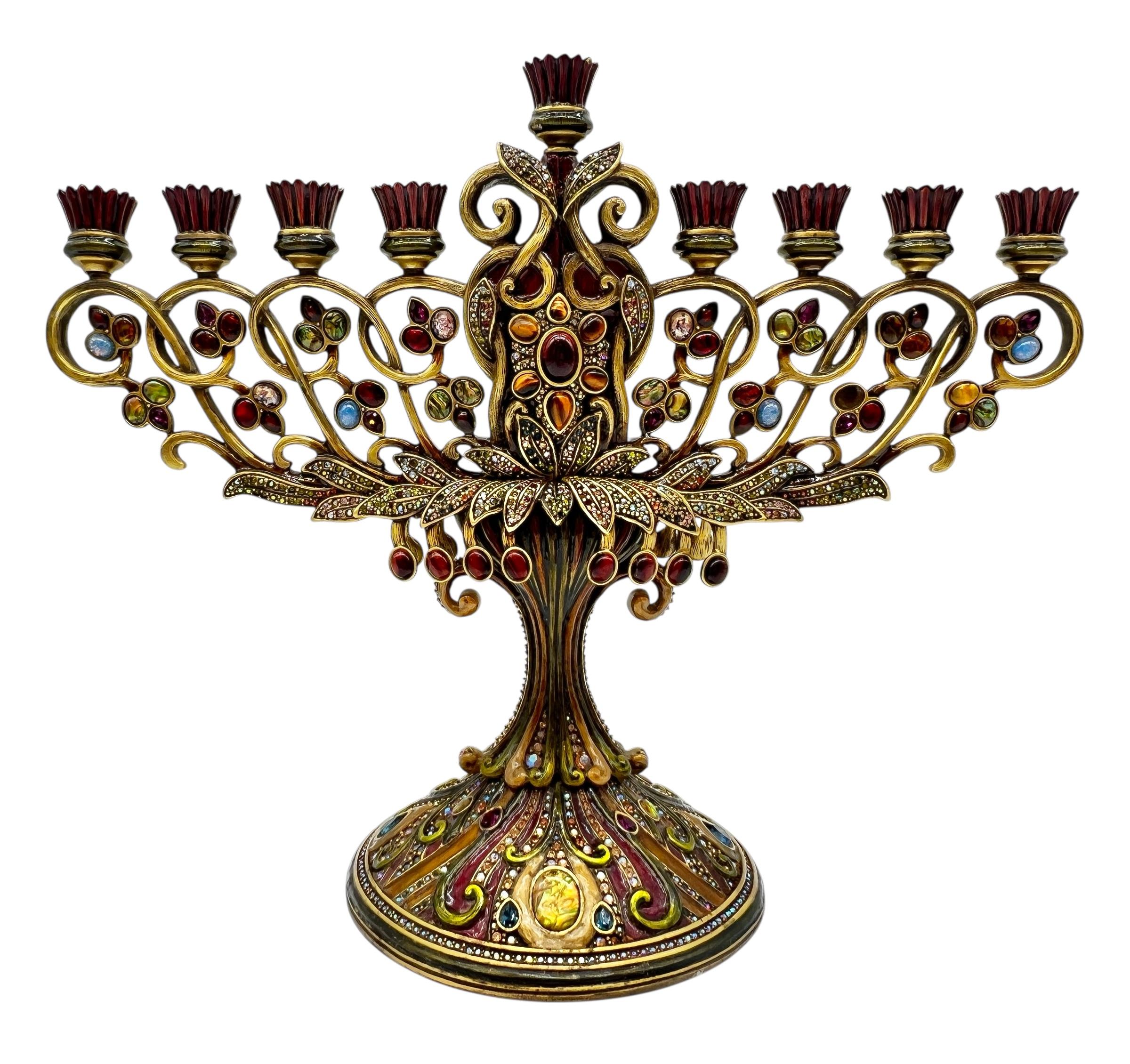 American Jay Strongwater Large Bejeweled Enameled Hanukkah Menorah For Sale