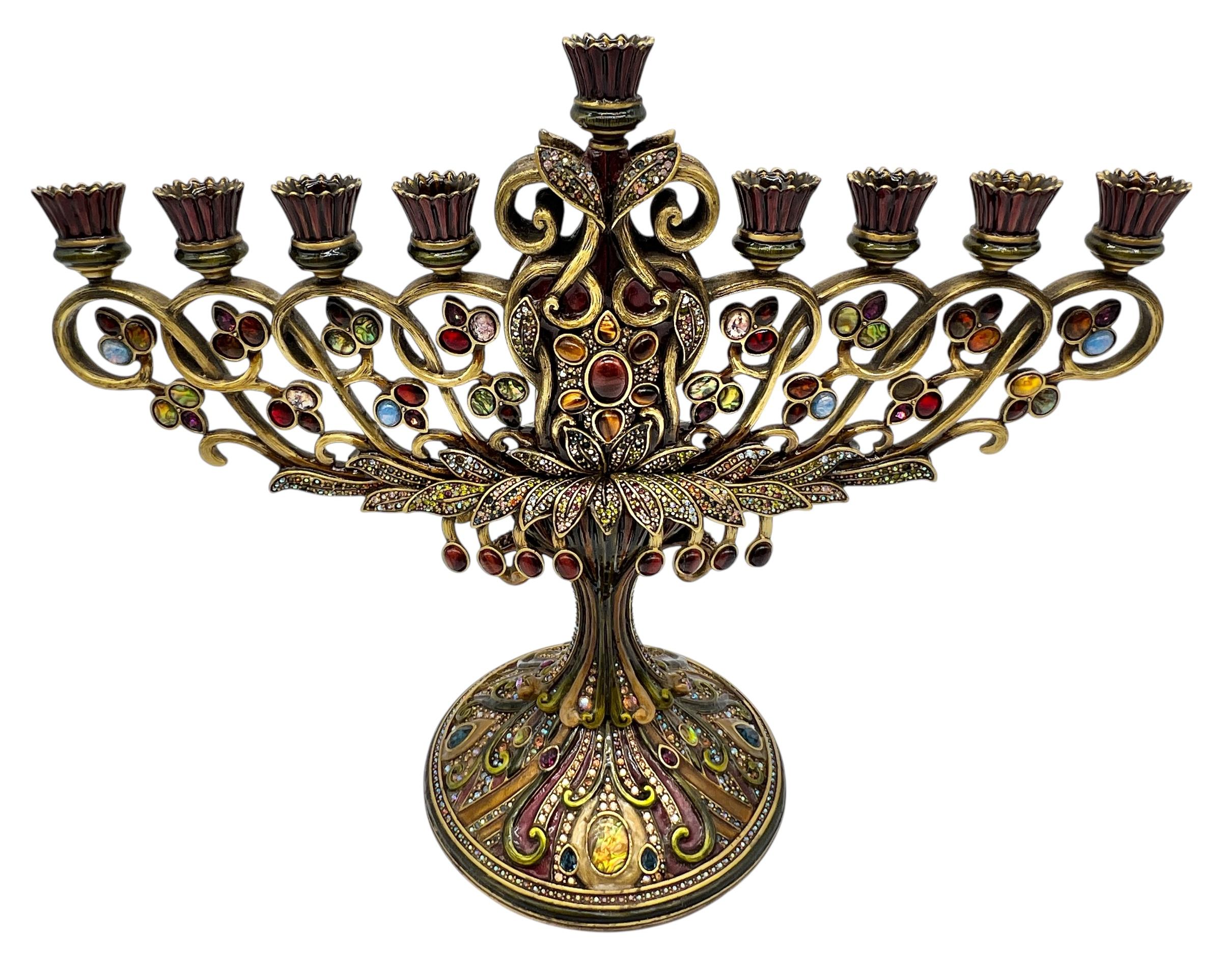 Jay Strongwater Large Bejeweled Enameled Hanukkah Menorah In Good Condition For Sale In New York, NY