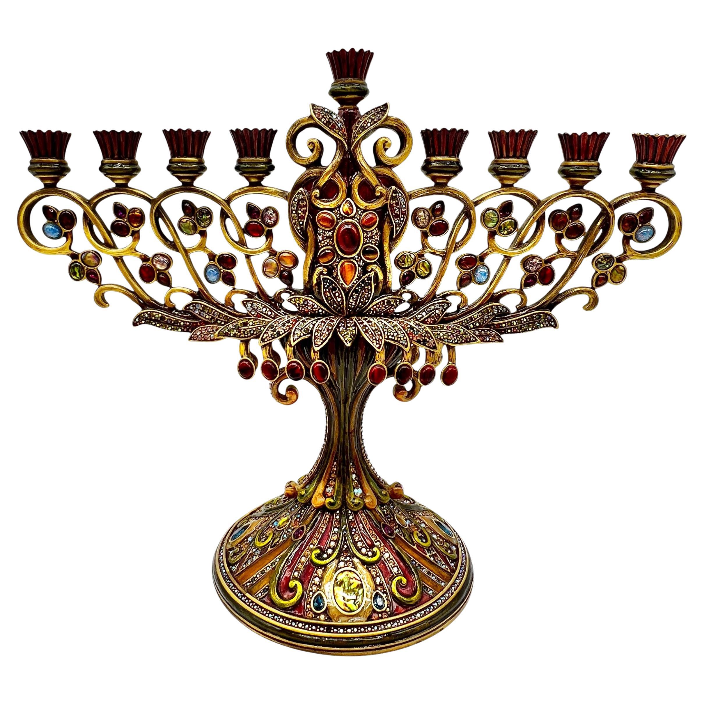 Jay Strongwater Large Bejeweled Enameled Hanukkah Menorah For Sale