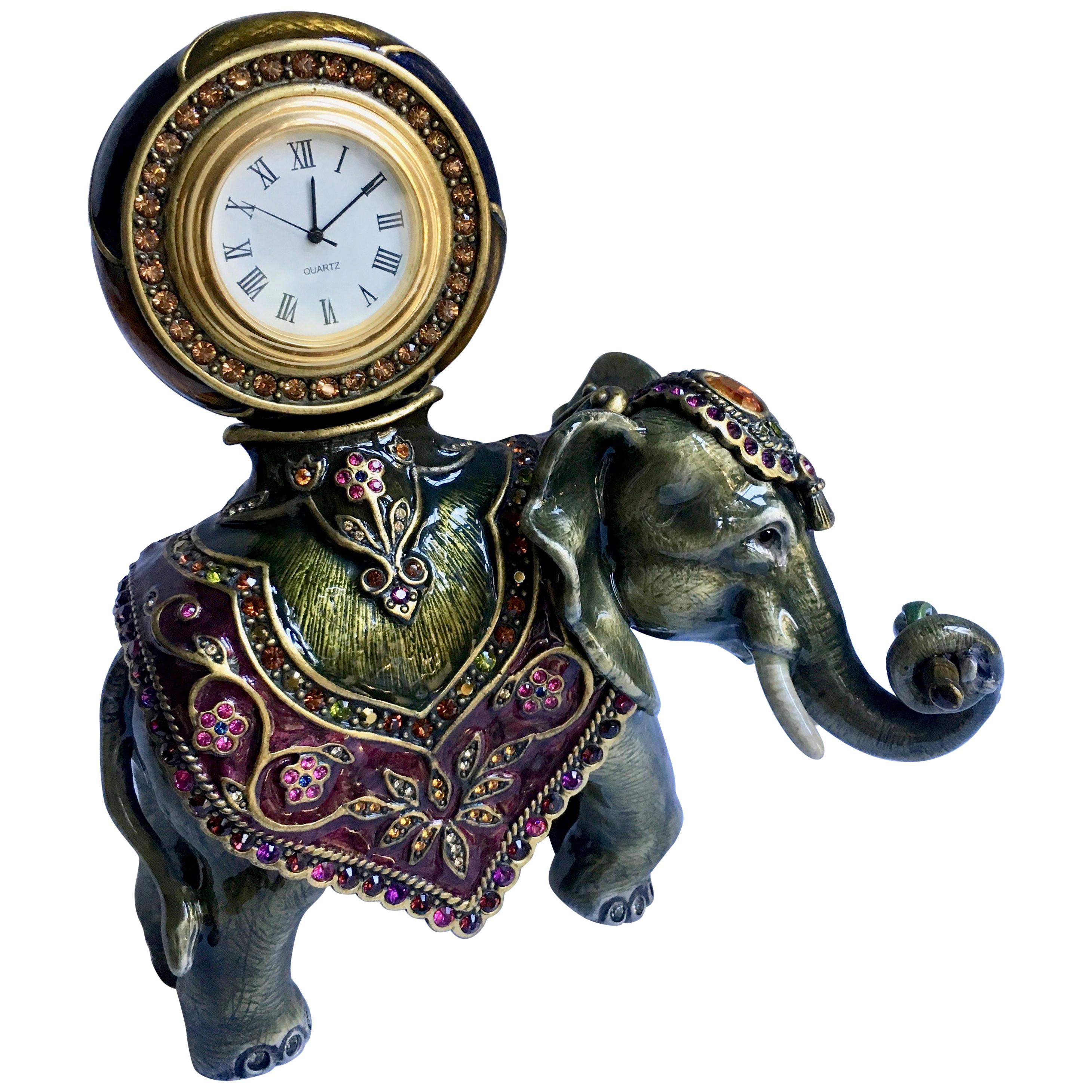 Jay Strongwater Ornate Elephant Clock Polychrome Enamel with Swarovski Crystals