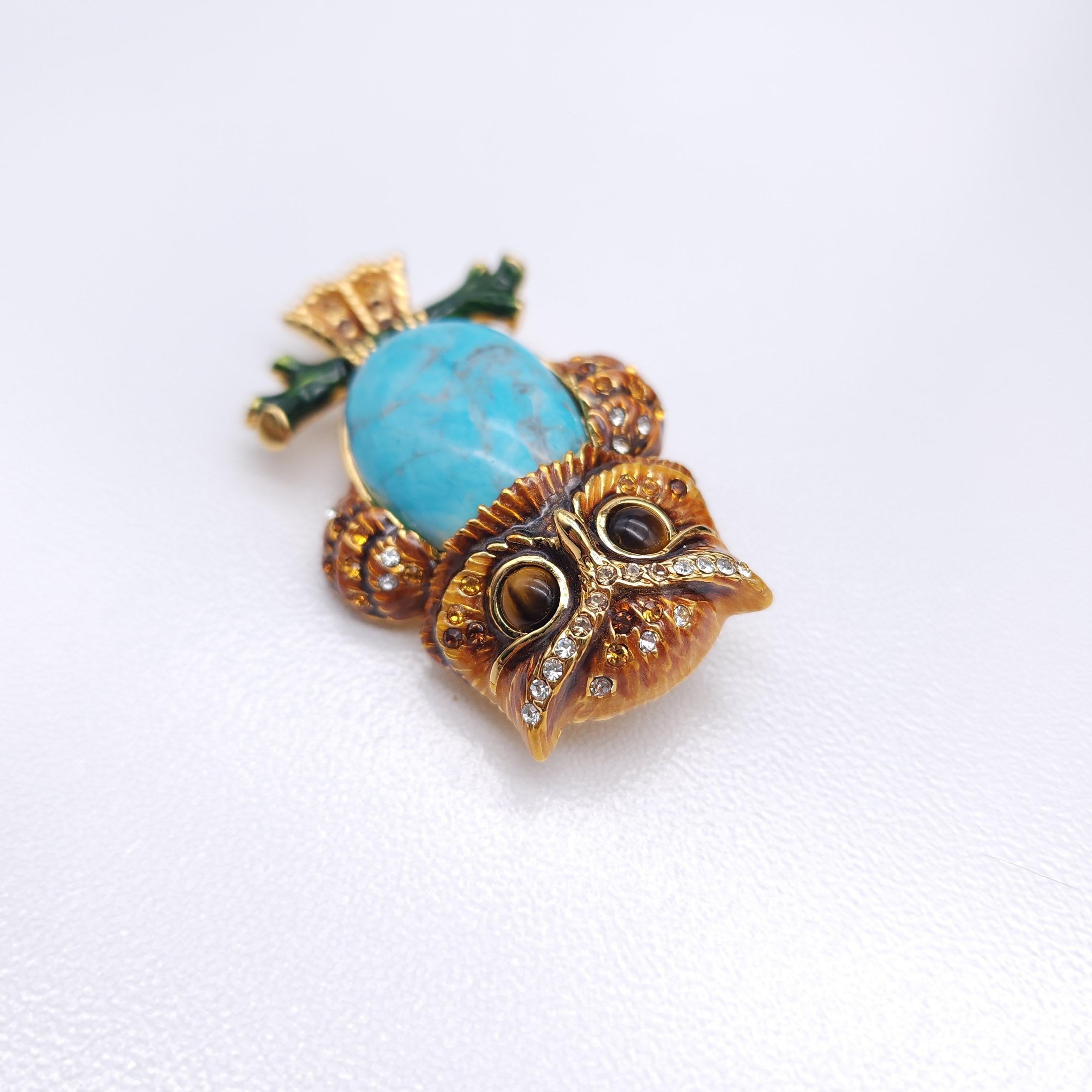 Retro Jay Strongwater Owl Brooch with Turquoise & Enamel in Gold-Tone, Amber Eyes For Sale