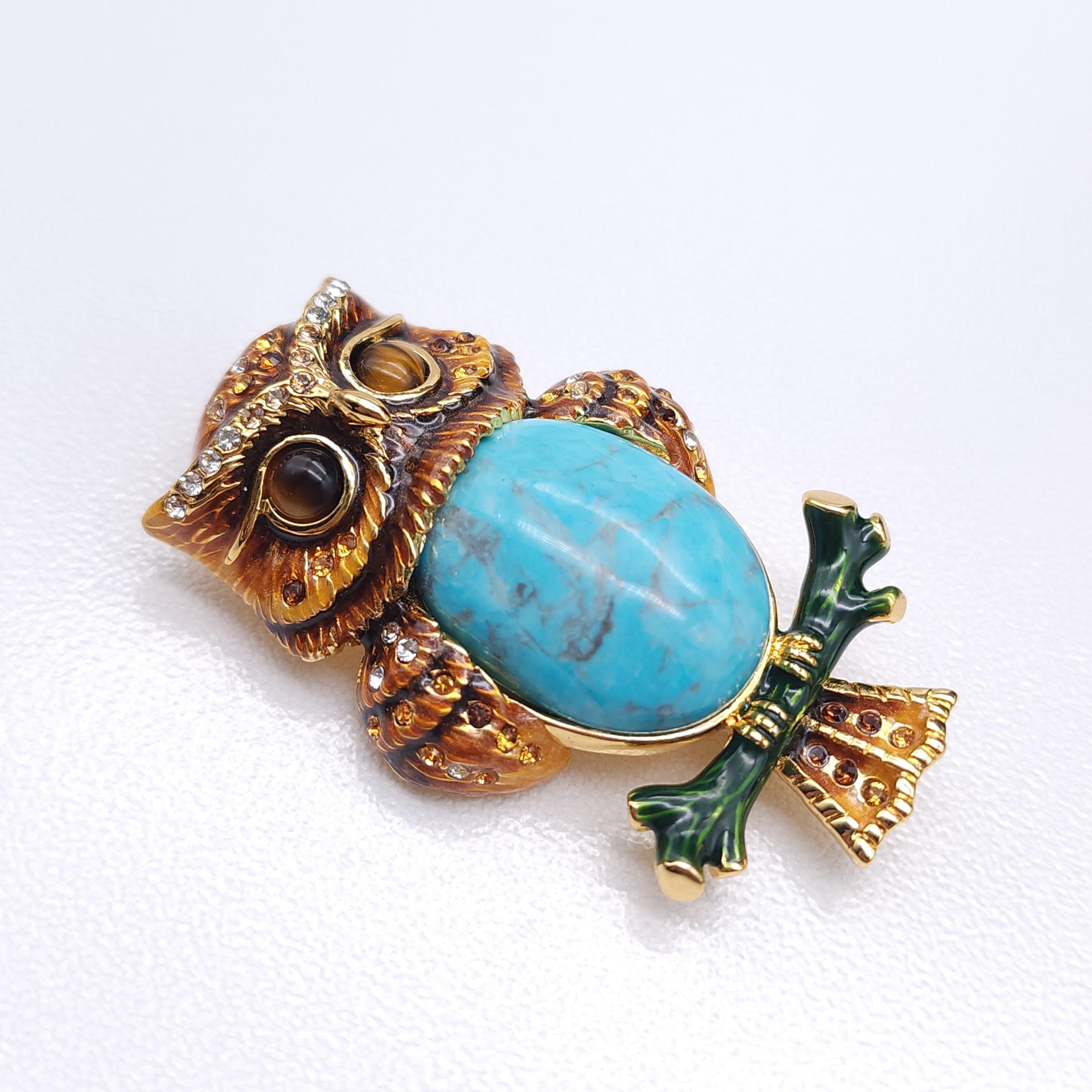 Round Cut Jay Strongwater Owl Brooch with Turquoise & Enamel in Gold-Tone, Amber Eyes For Sale