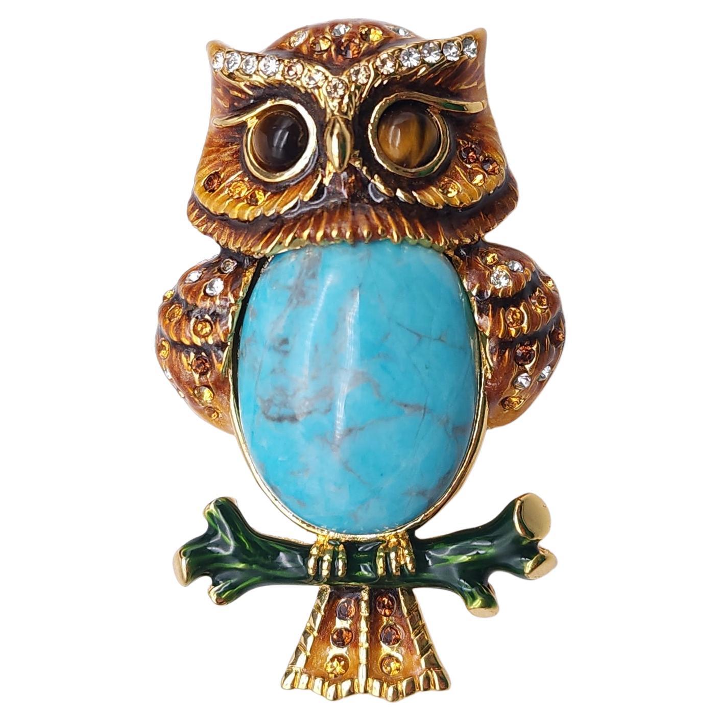 Jay Strongwater Owl Brooch with Turquoise & Enamel in Gold-Tone, Amber Eyes For Sale