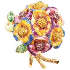 Jay Strongwater Pansy Flower Bouquet Enamel and Crystal Brooch, Pin, Pendant