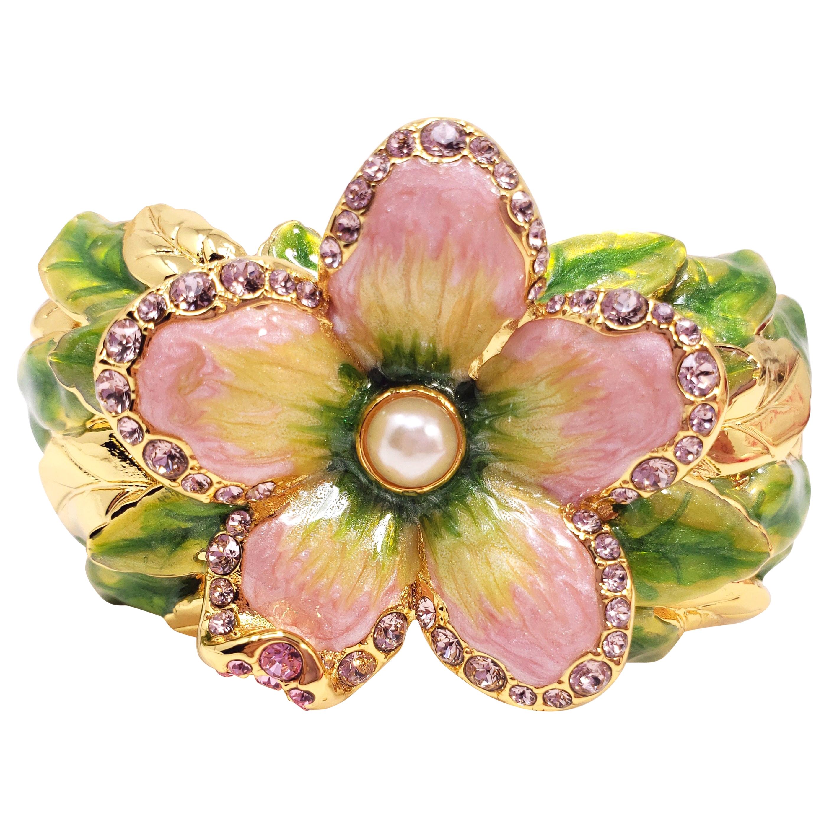 Jay Strongwater “Spring Blossom”  Enamel and Crystal Green Flower Bracelet