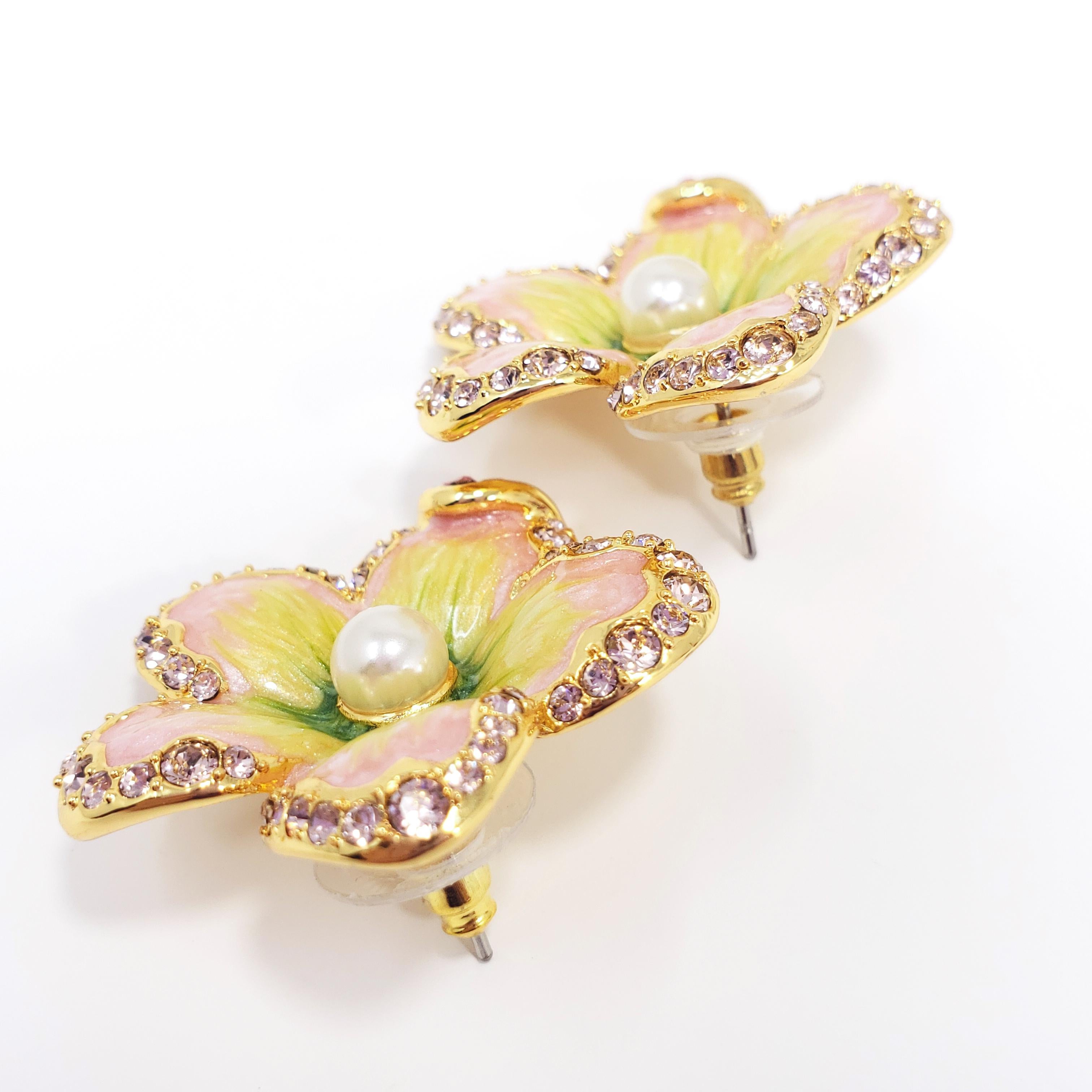 Jay Strongwater “Spring Blossom”  Enamel, Crystal and Simulated Pearl Earrings In New Condition For Sale In Milford, DE