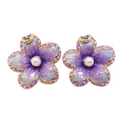 Jay Strongwater “Spring Blossom” Enamel Crystal & Simulated Pearl Clip Earrings