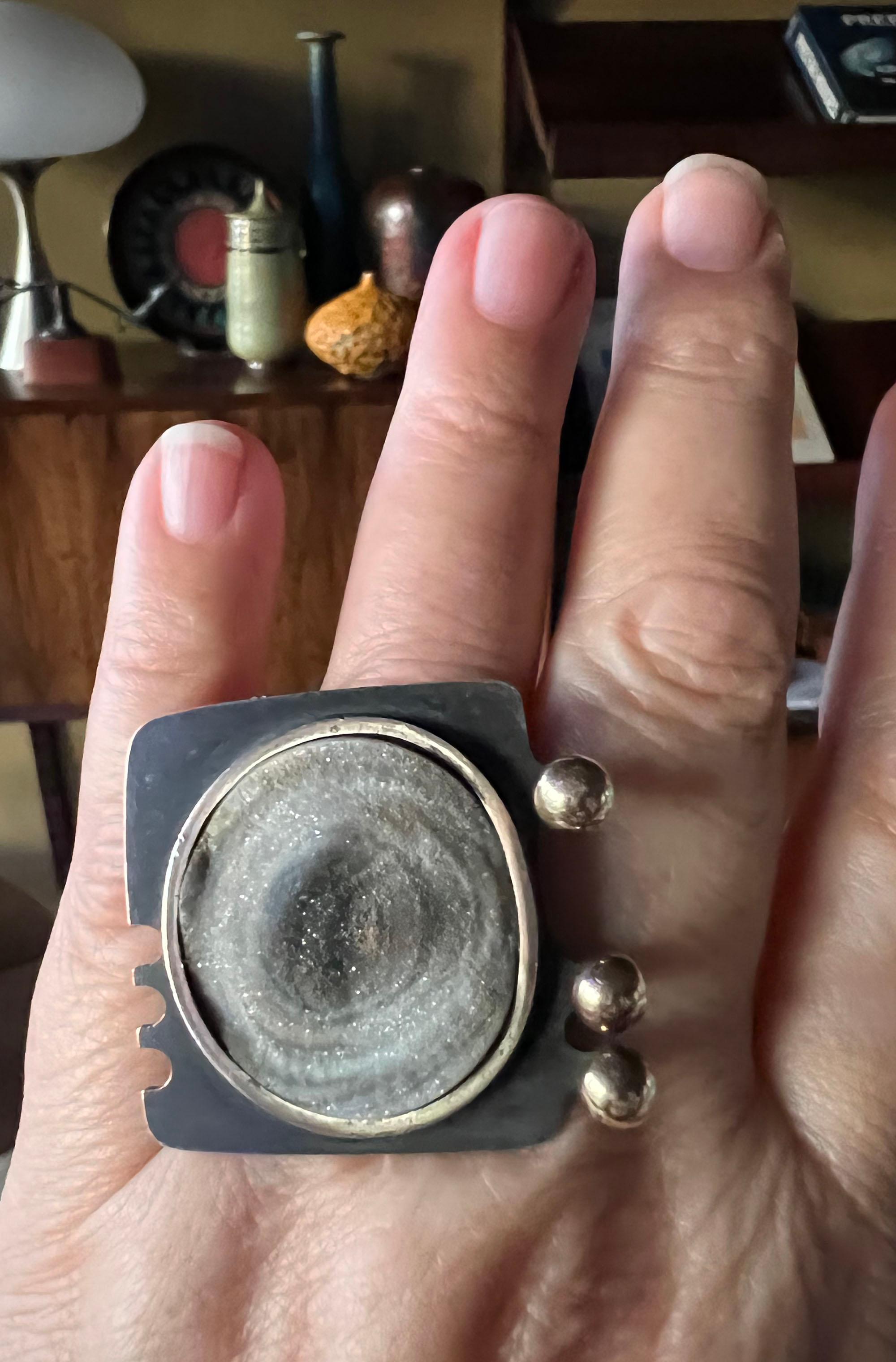 Jay Tuttle American Modernist Sterling Silver Gold Vermeil Druzy Quartz Ring For Sale 1
