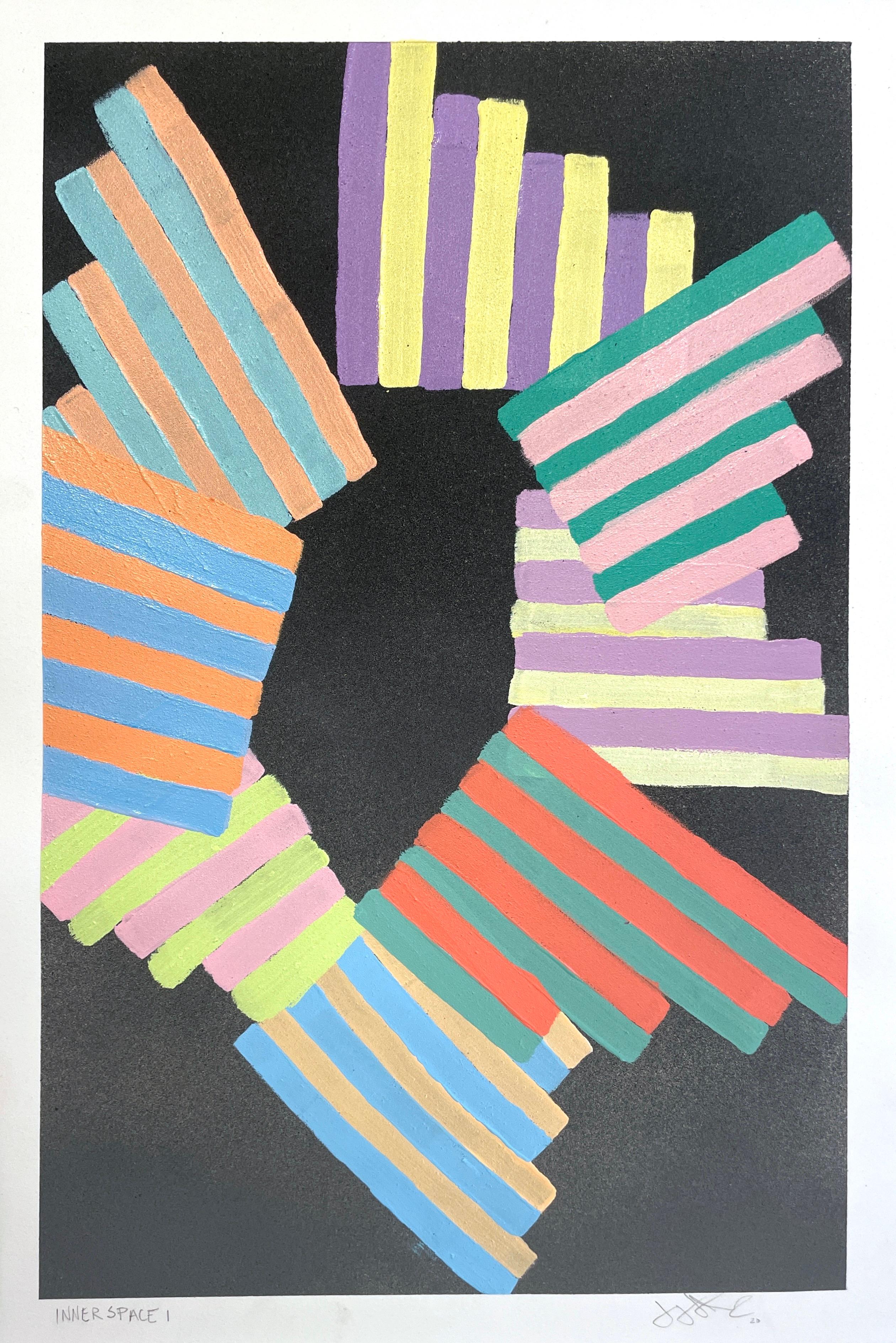 Jay Walker Abstract Painting - Inner Space #1: geometric abstract painting on paper: yellow, green, red, black