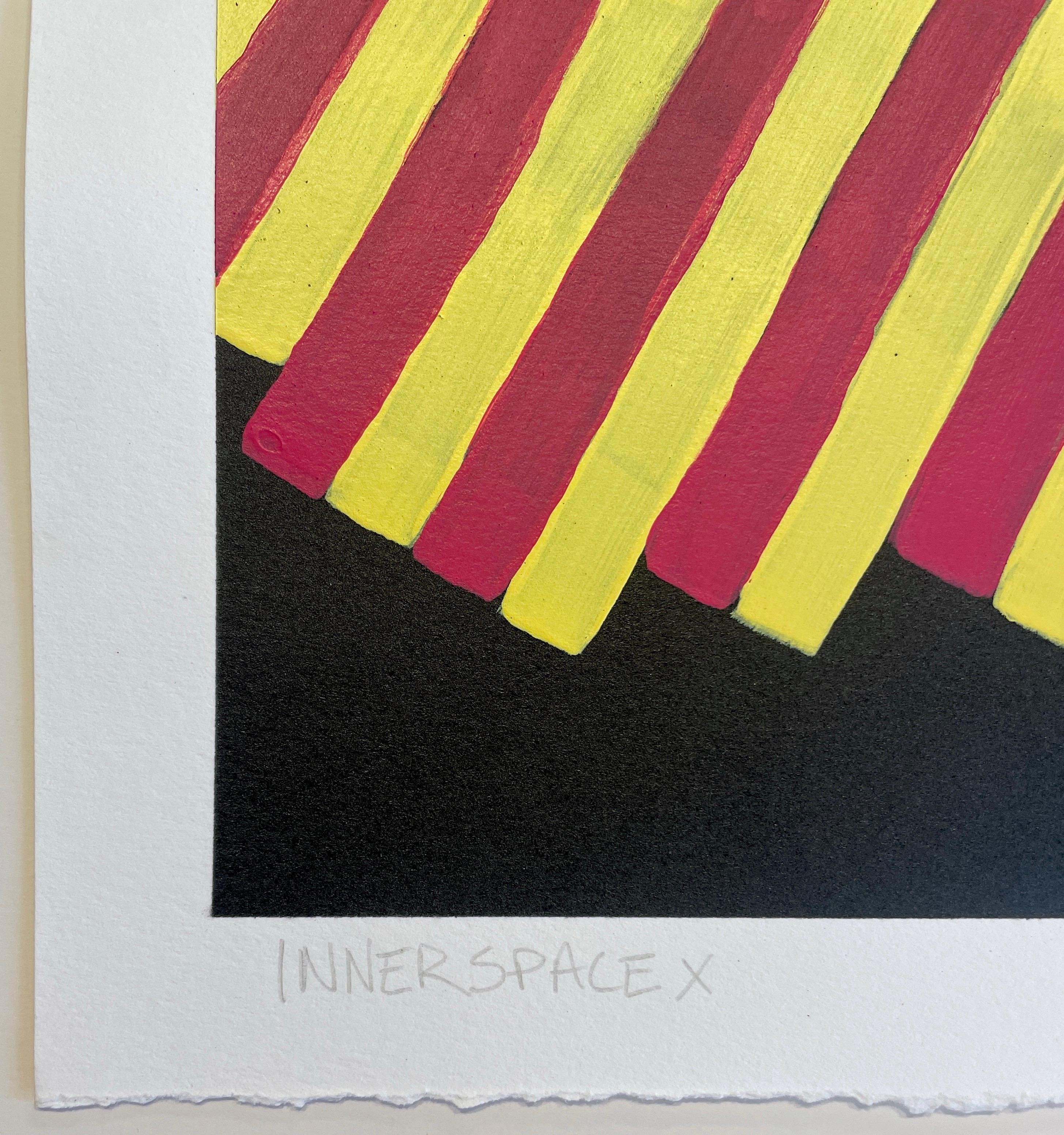 Inner Space #10: geometric abstract painting on paper; blue, yellow, red & black - Abstract Geometric Painting by Jay Walker
