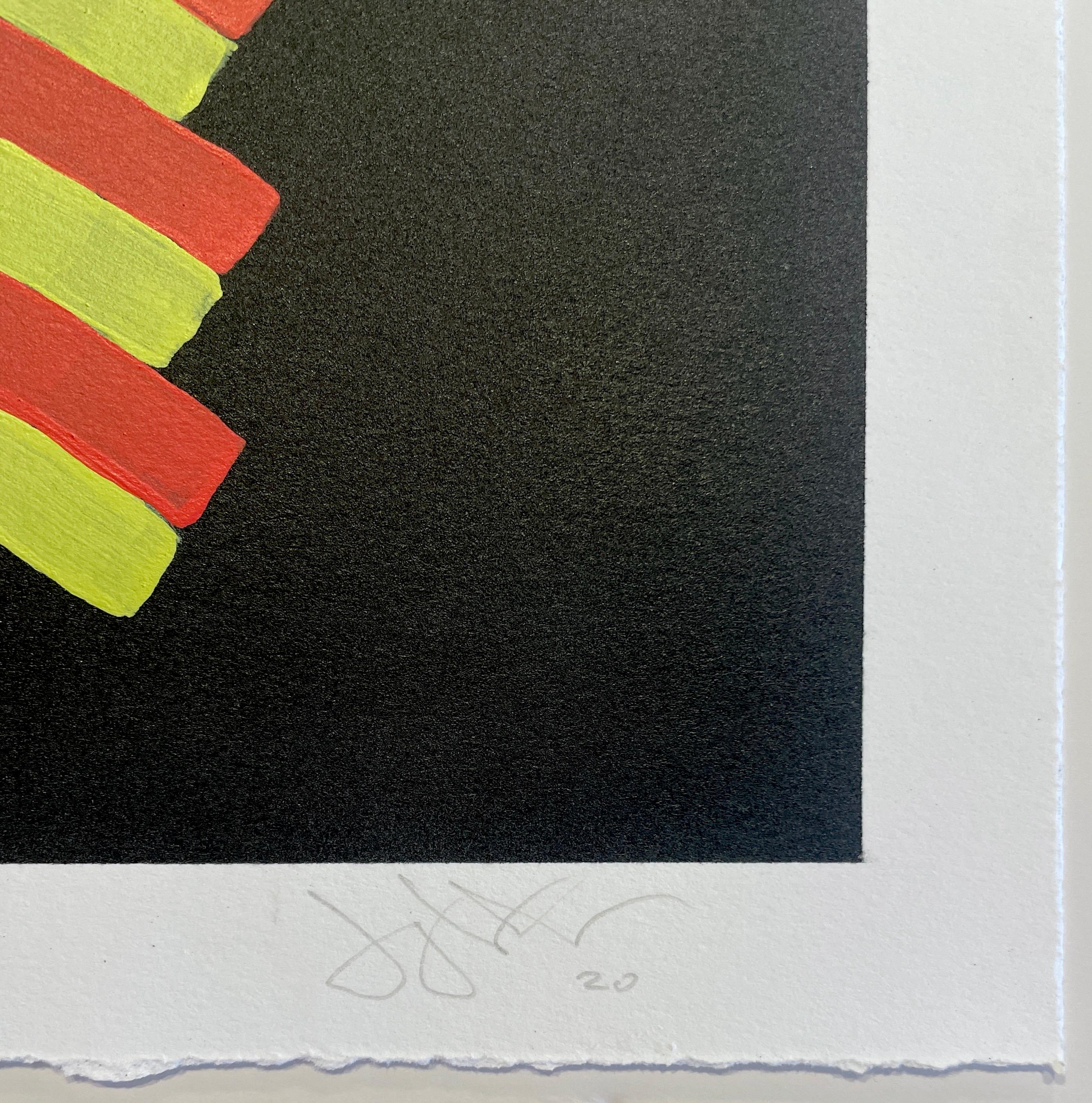 Inner Space #10: geometric abstract painting on paper; blue, yellow, red & black - Beige Abstract Painting by Jay Walker