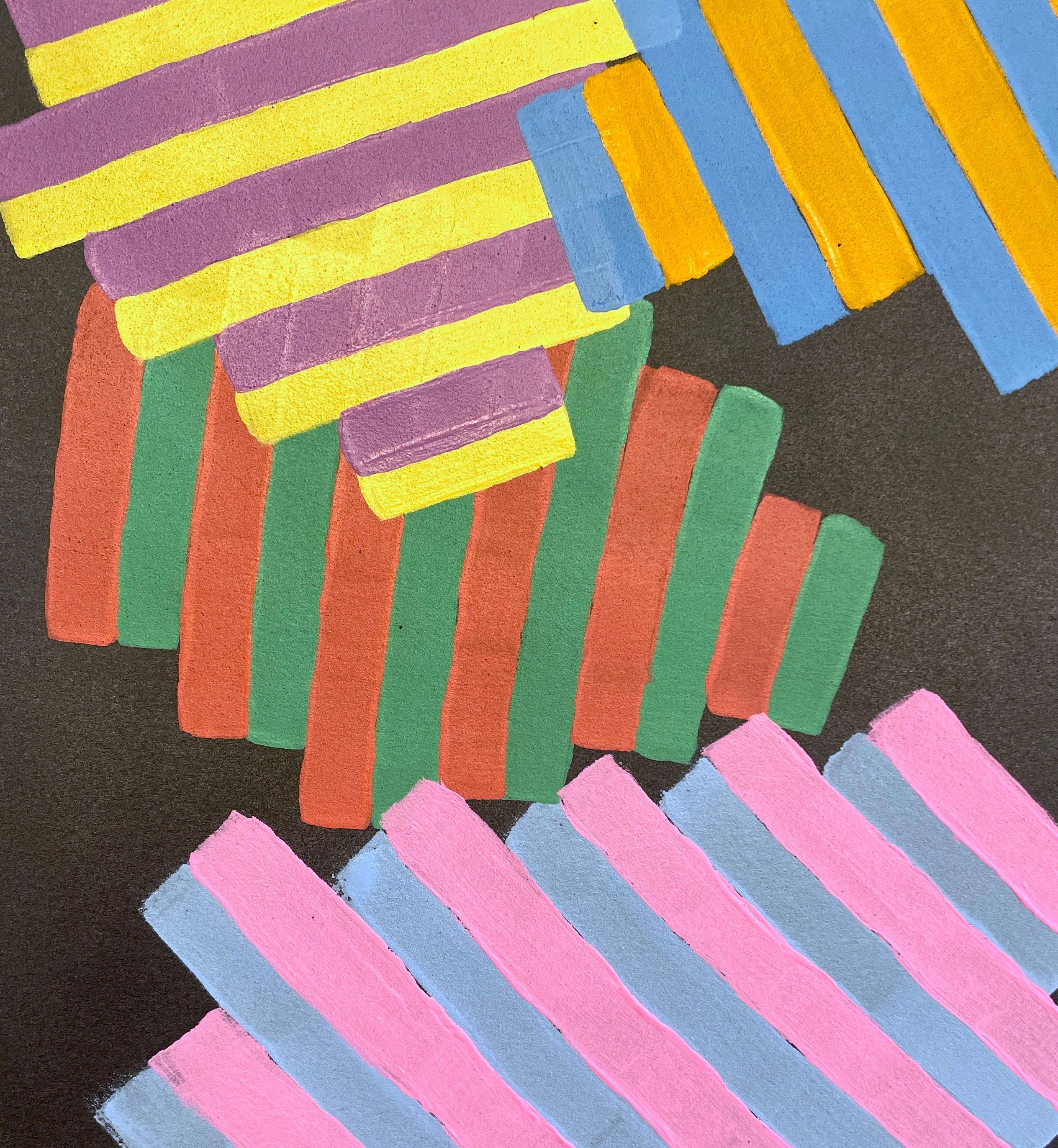 Inner Space #11: geometric abstract painting on paper; blue, yellow, red & black - Painting by Jay Walker