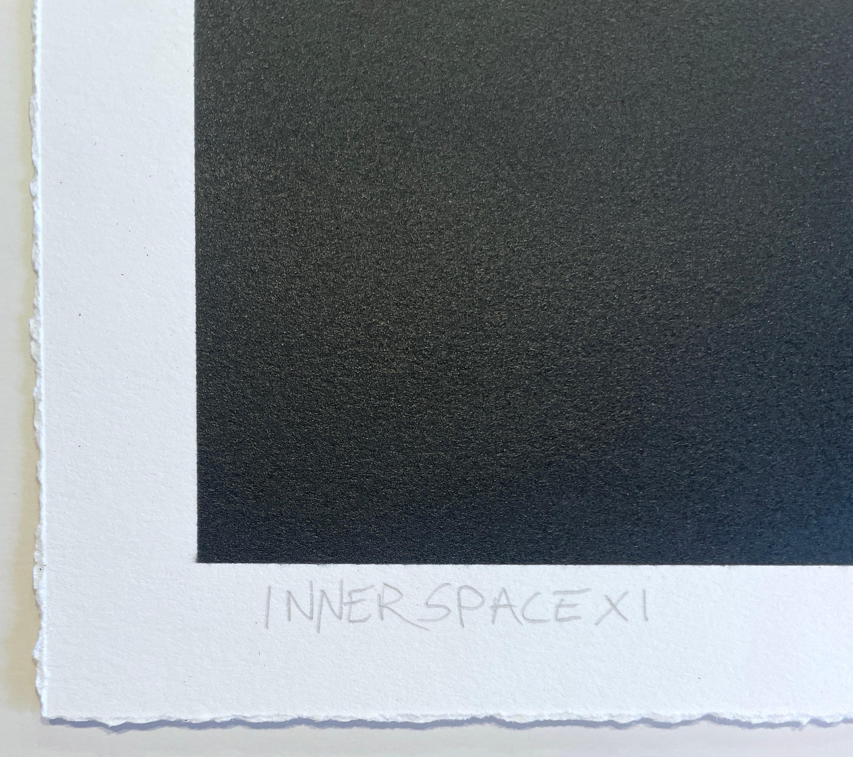 Inner Space #11: geometric abstract painting on paper; blue, yellow, red & black - Black Abstract Painting by Jay Walker