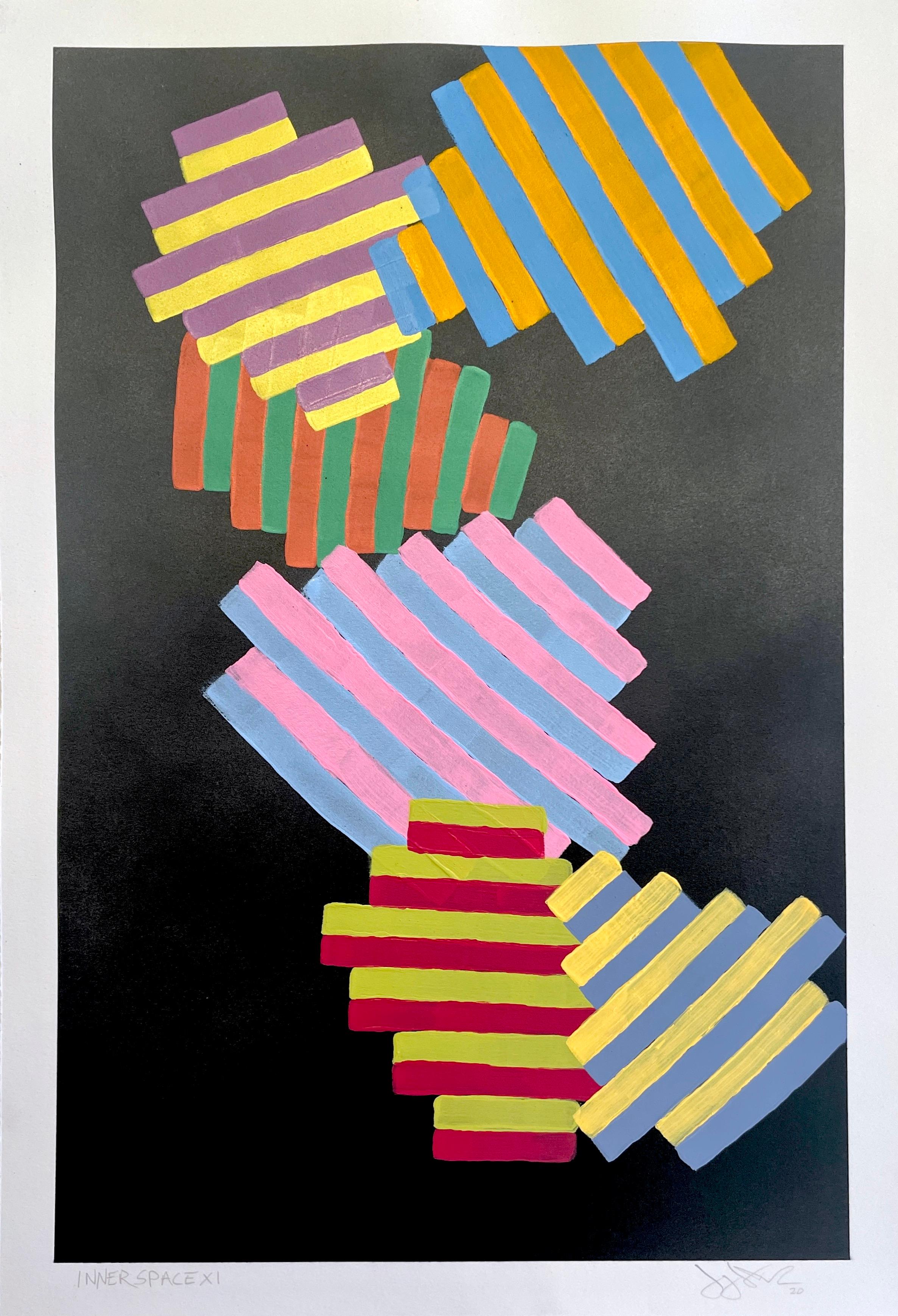 Inner Space #11: pittura astratta geometrica su carta; blu, giallo, rosso e nero