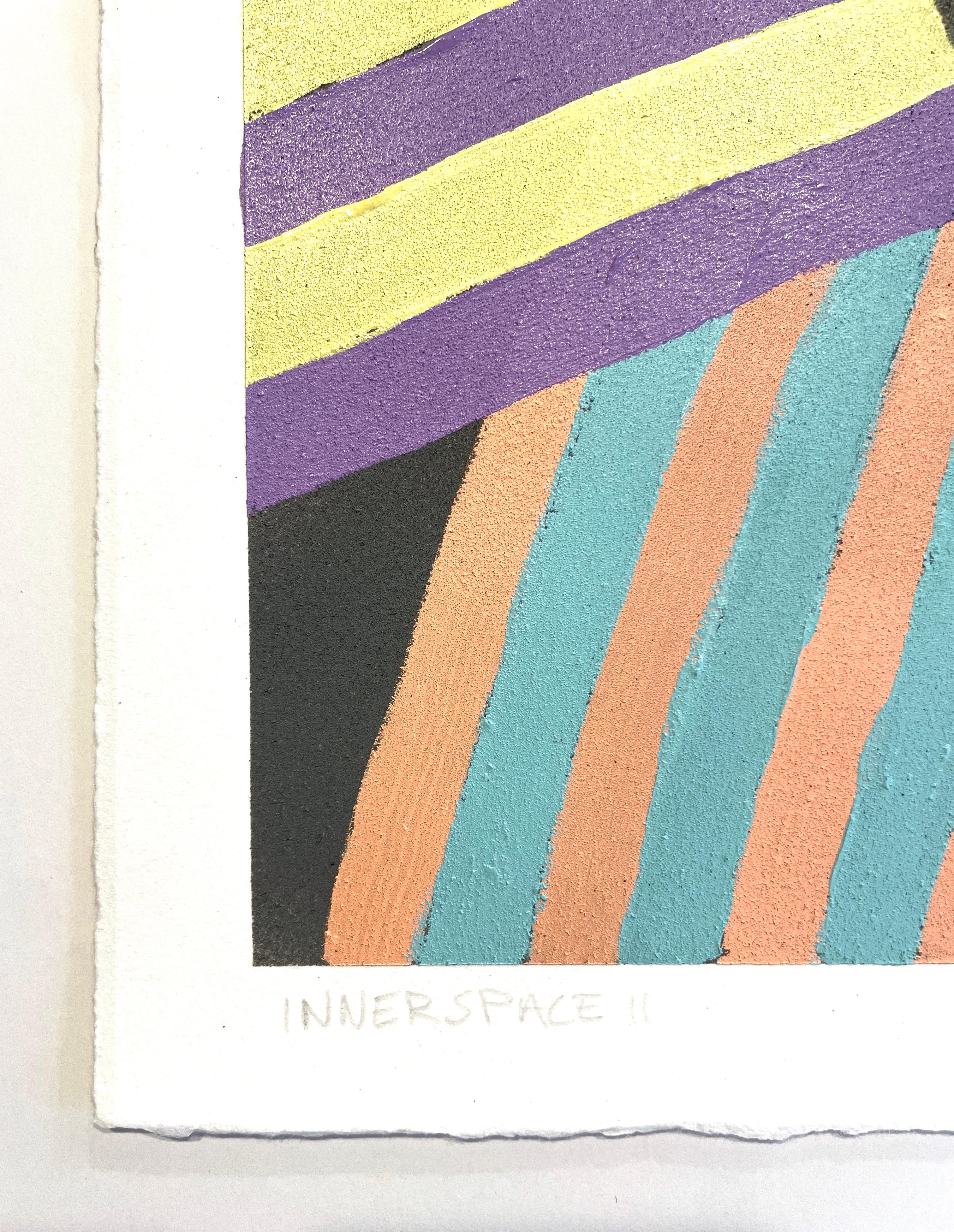 Inner Space #2: geometric abstract painting on paper: yellow, green, pink, black - Painting by Jay Walker