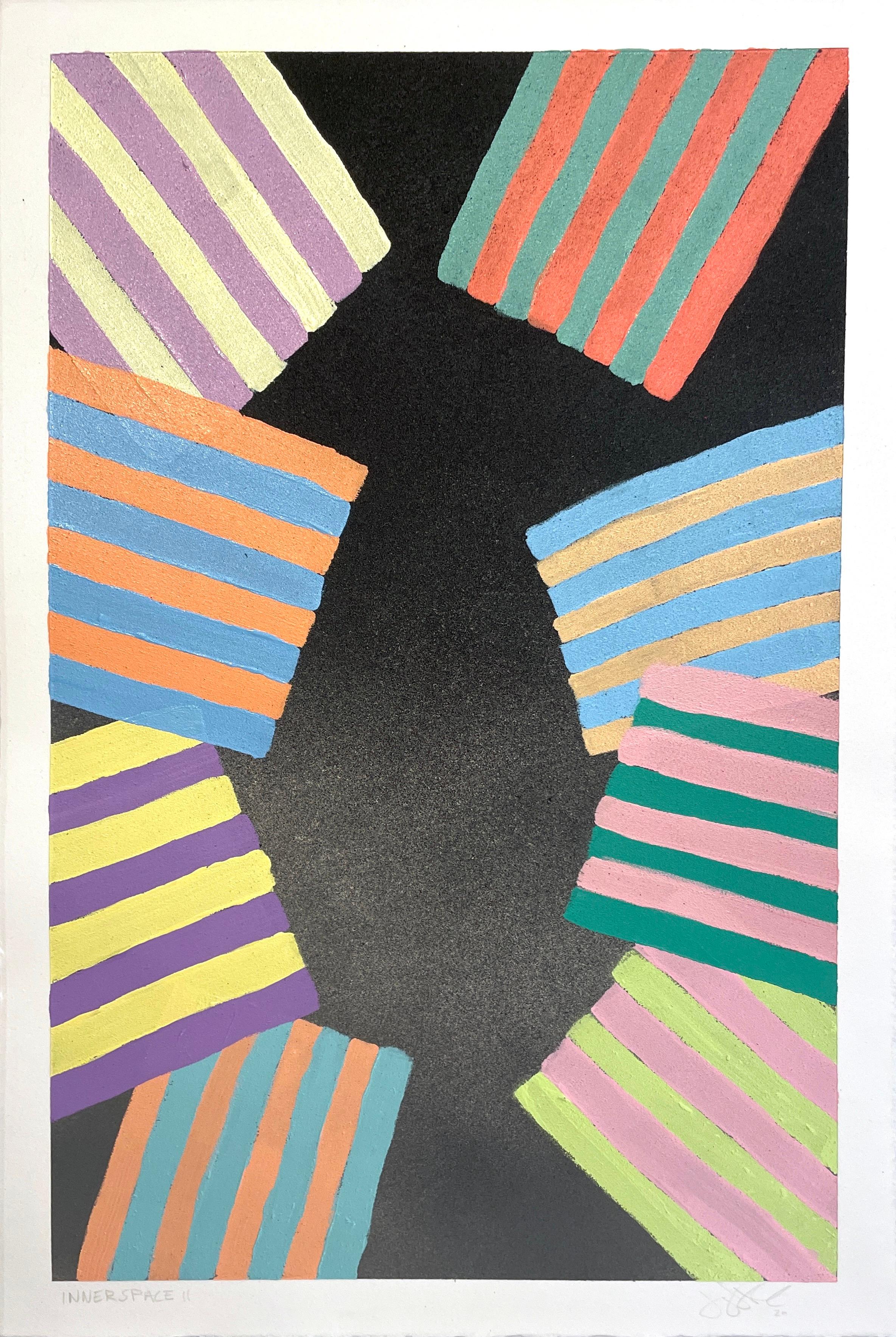 Jay Walker Abstract Painting - Inner Space #2: geometric abstract painting on paper: yellow, green, pink, black