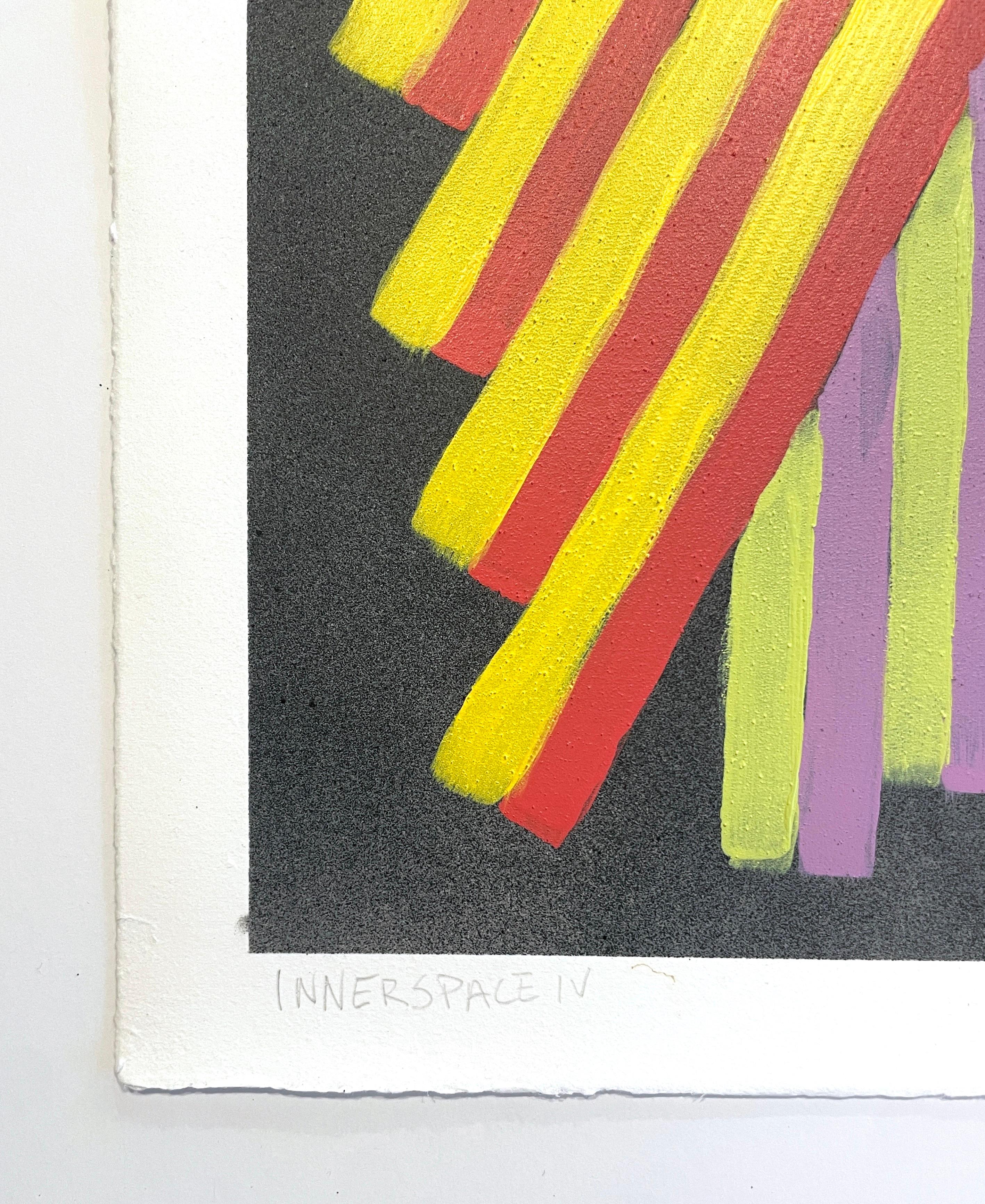 Inner Space #4: geometric abstract painting on paper: yellow, green, red & black - Painting by Jay Walker