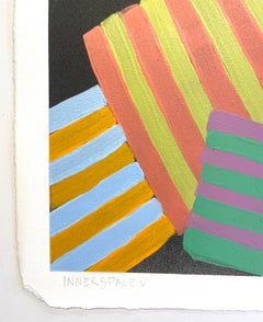 Inner Space #5: geometric abstract painting on paper: blue, yellow, red & black