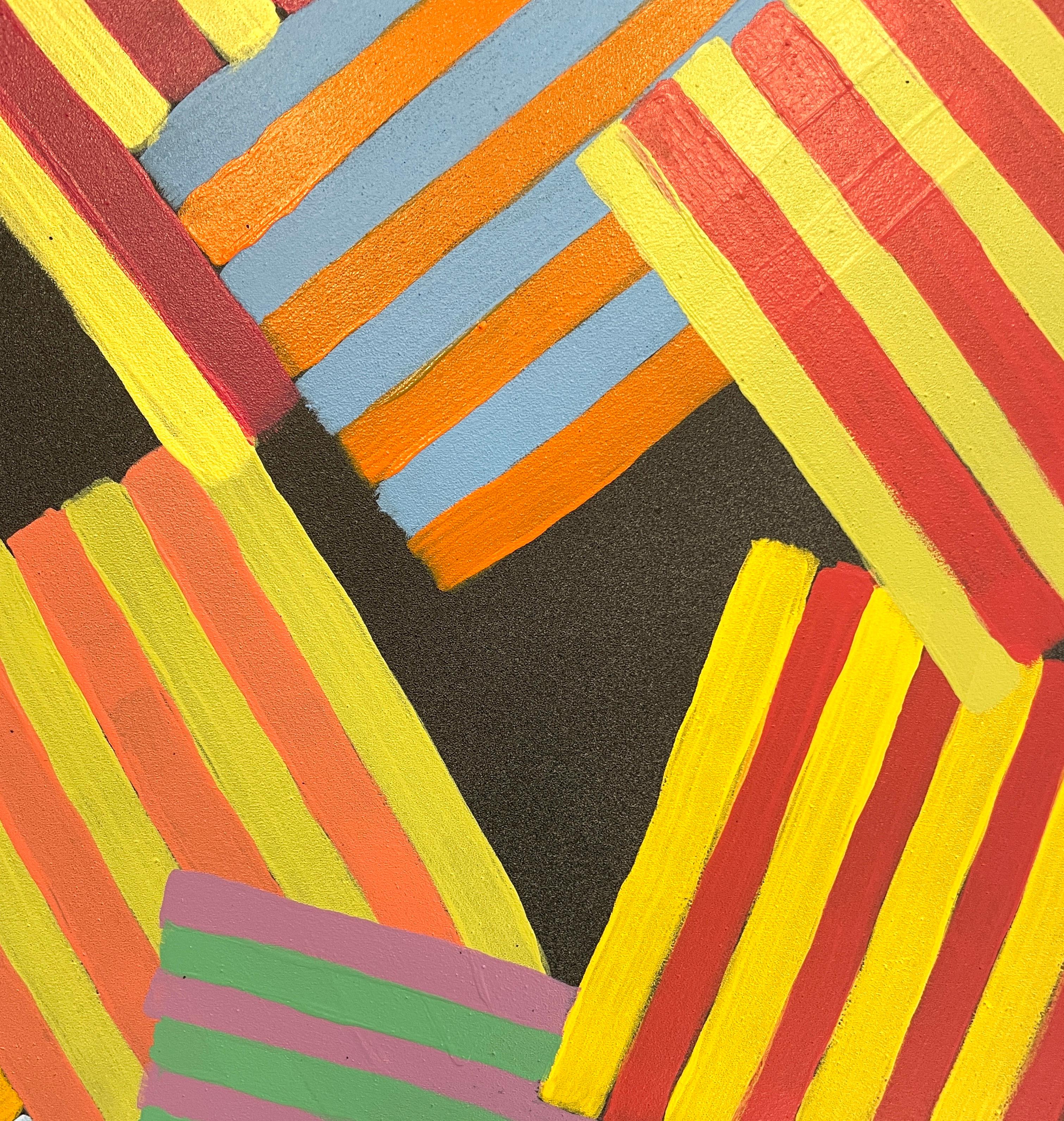 Inner Space #5: geometric abstract painting on paper: blue, yellow, red & black - Brown Abstract Painting by Jay Walker