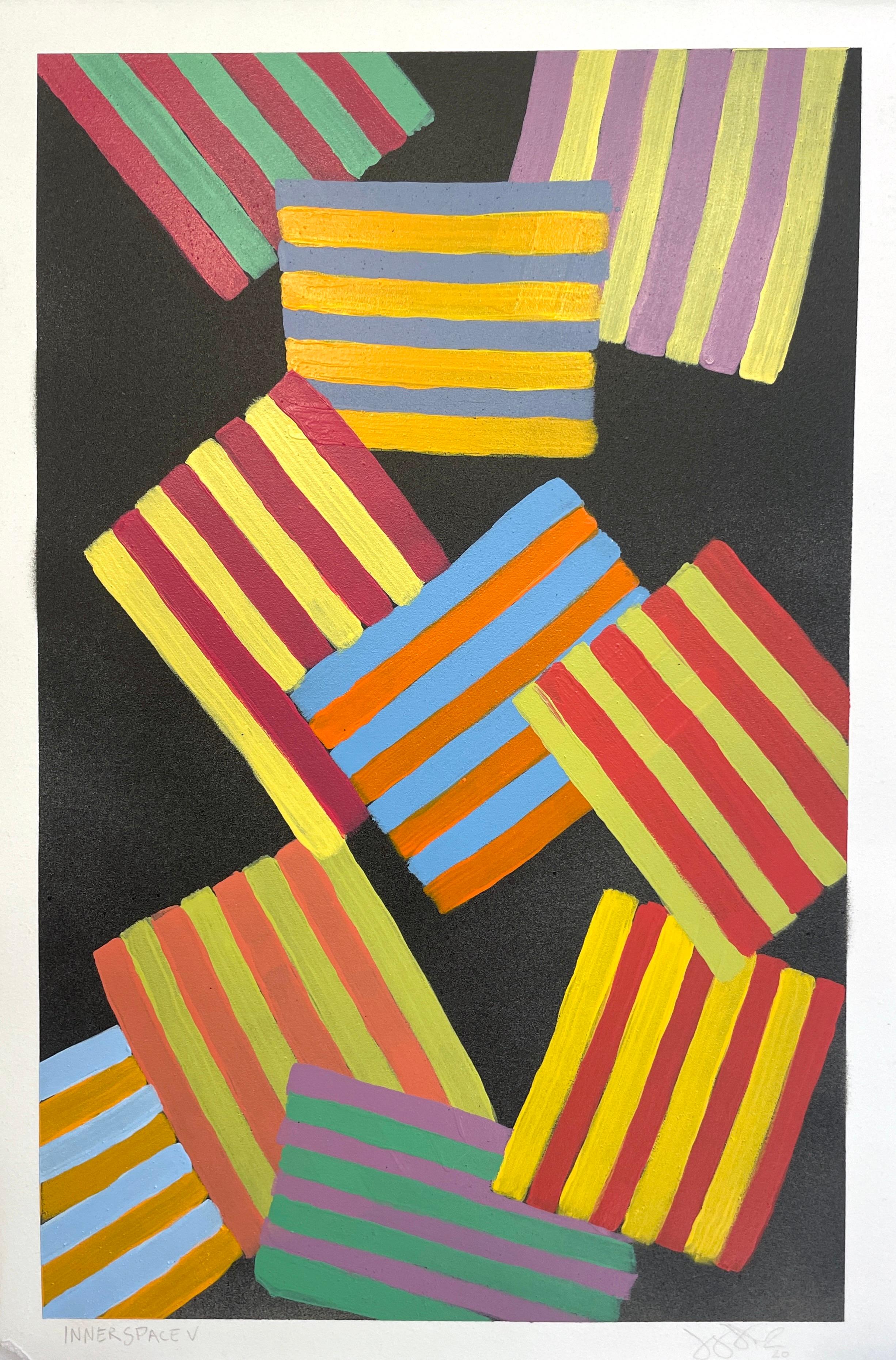 Inner Space #5: geometric abstract painting on paper: blue, yellow, red & black