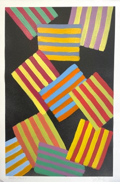 Inner Space #5: geometric abstract painting on paper: blue, yellow, red & black